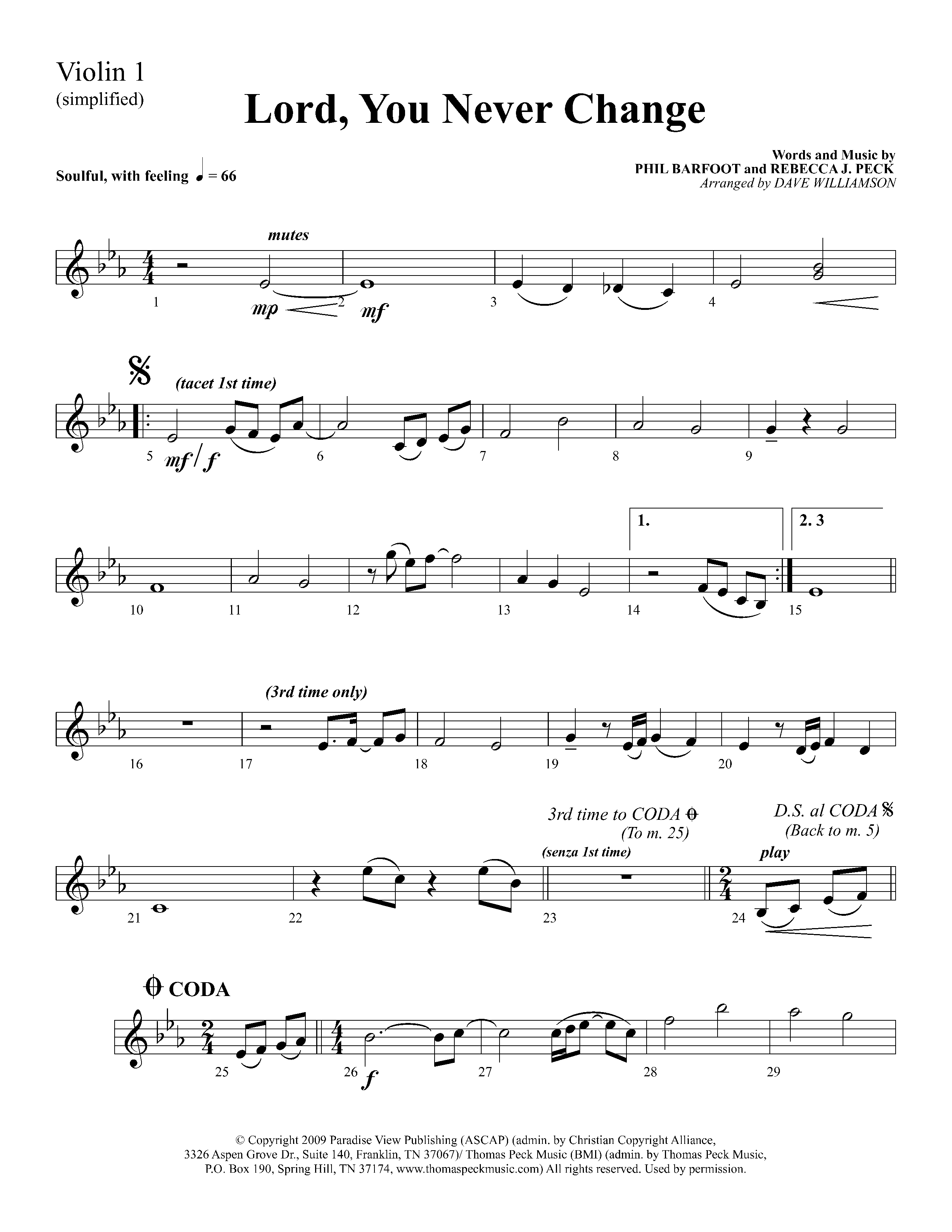 Lord You Never Change (Choral Anthem SATB) Violin 1 (Lifeway Choral / Arr. Dave Williamson)