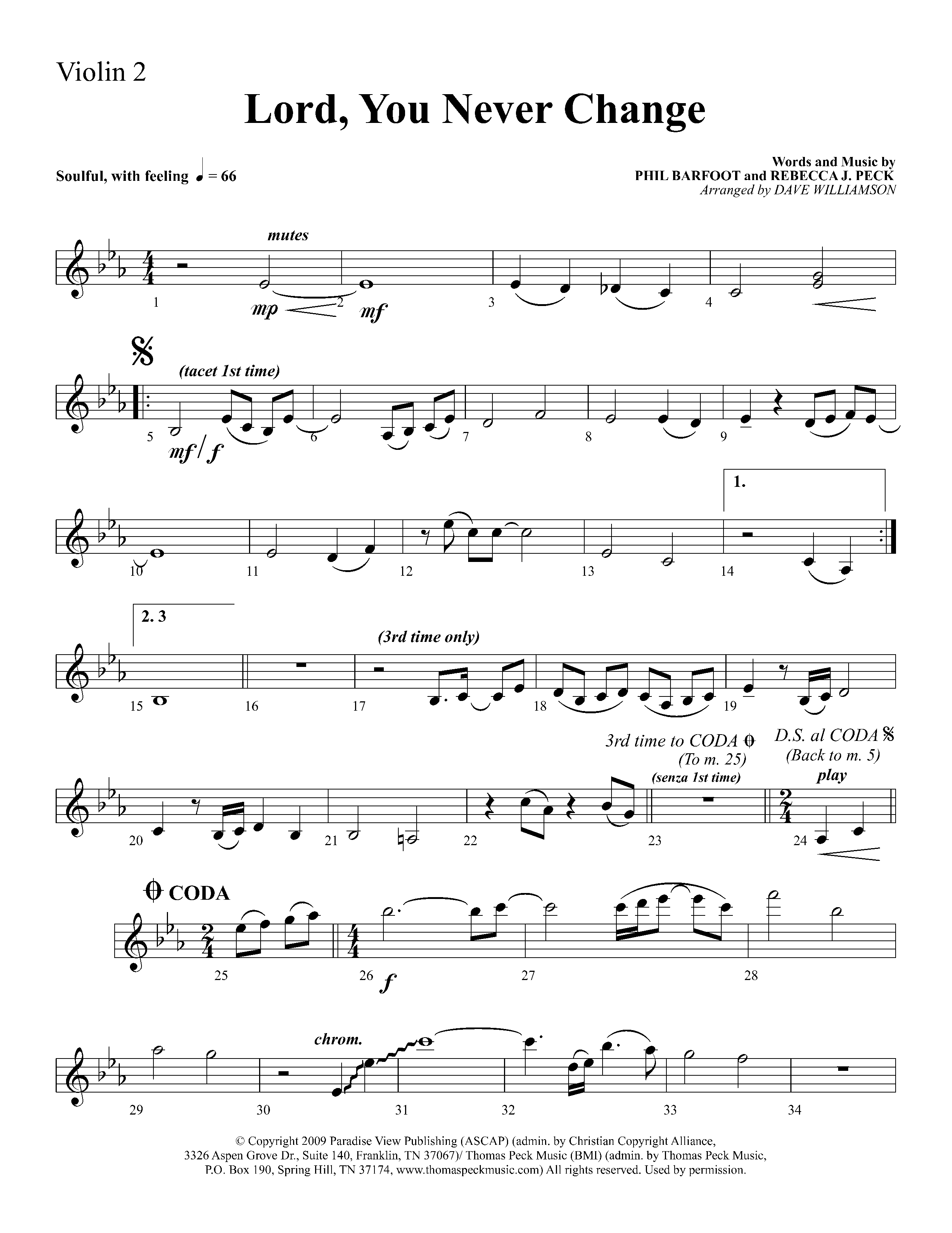 Lord You Never Change (Choral Anthem SATB) Violin 2 (Lifeway Choral / Arr. Dave Williamson)