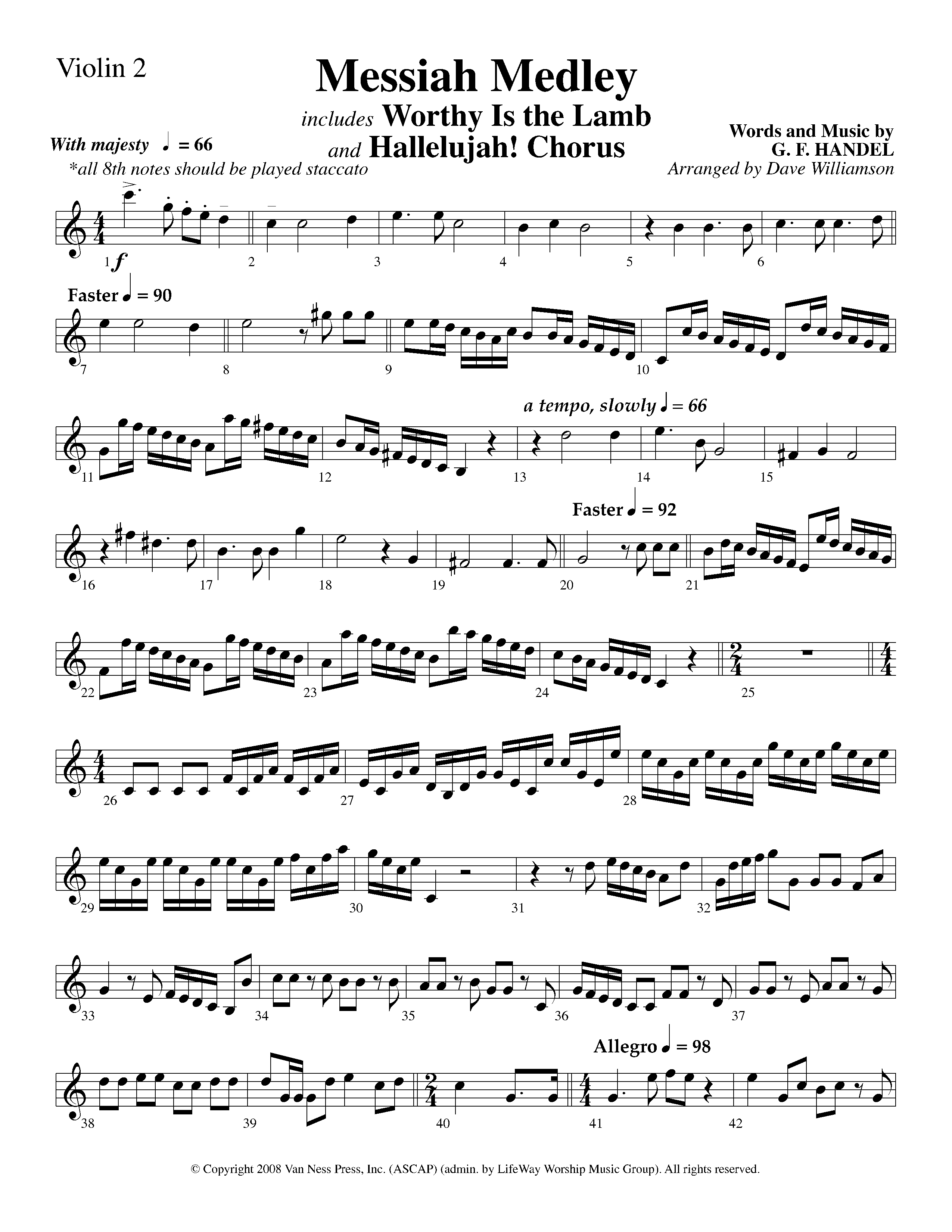 Messiah Medley (with Worthy Is The Lamb, Hallelujah Chorus) (Choral Anthem SATB) Violin 2 (Lifeway Choral / Arr. Dave Williamson)