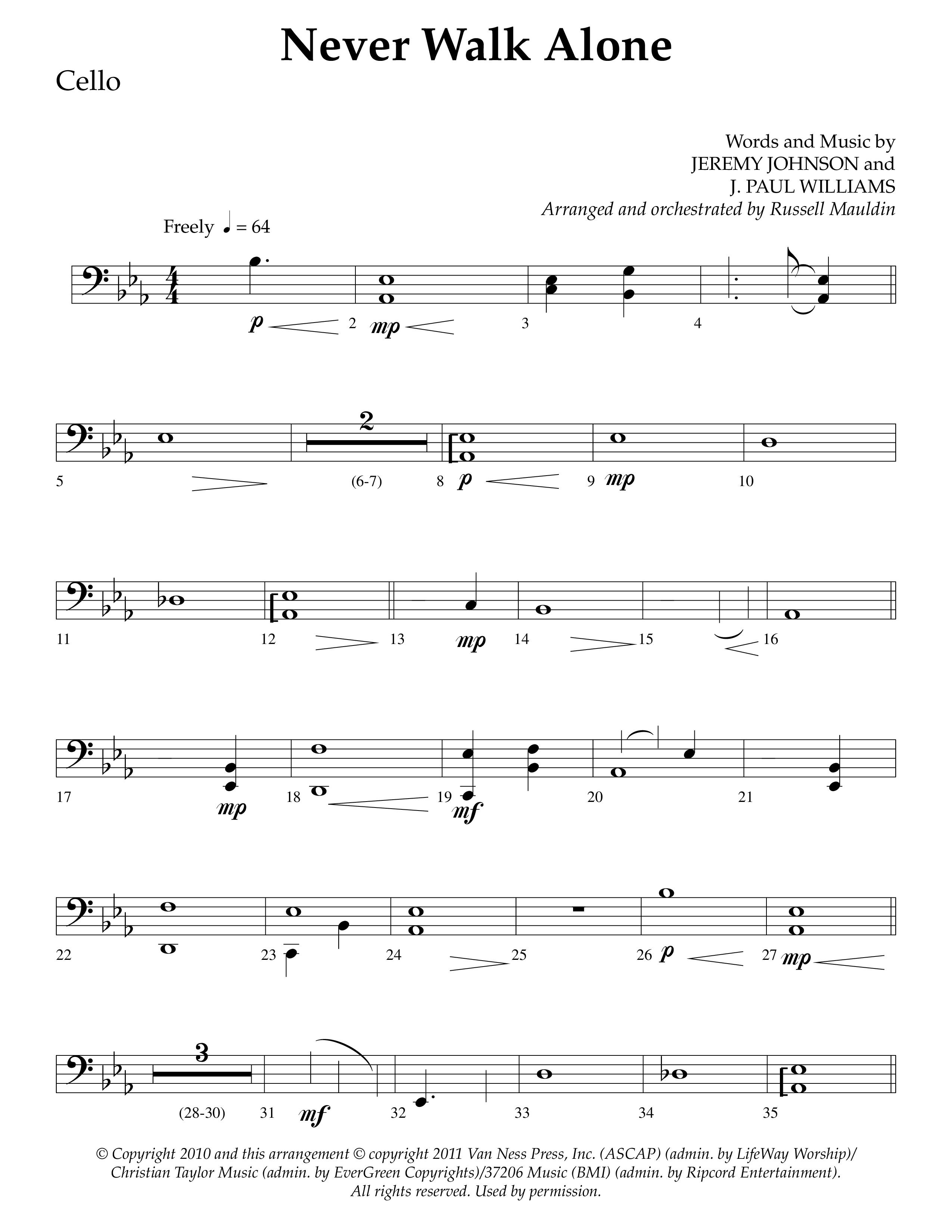 Never Walk Alone (Choral Anthem SATB) Cello (Lifeway Choral / Arr. Russell Mauldin)