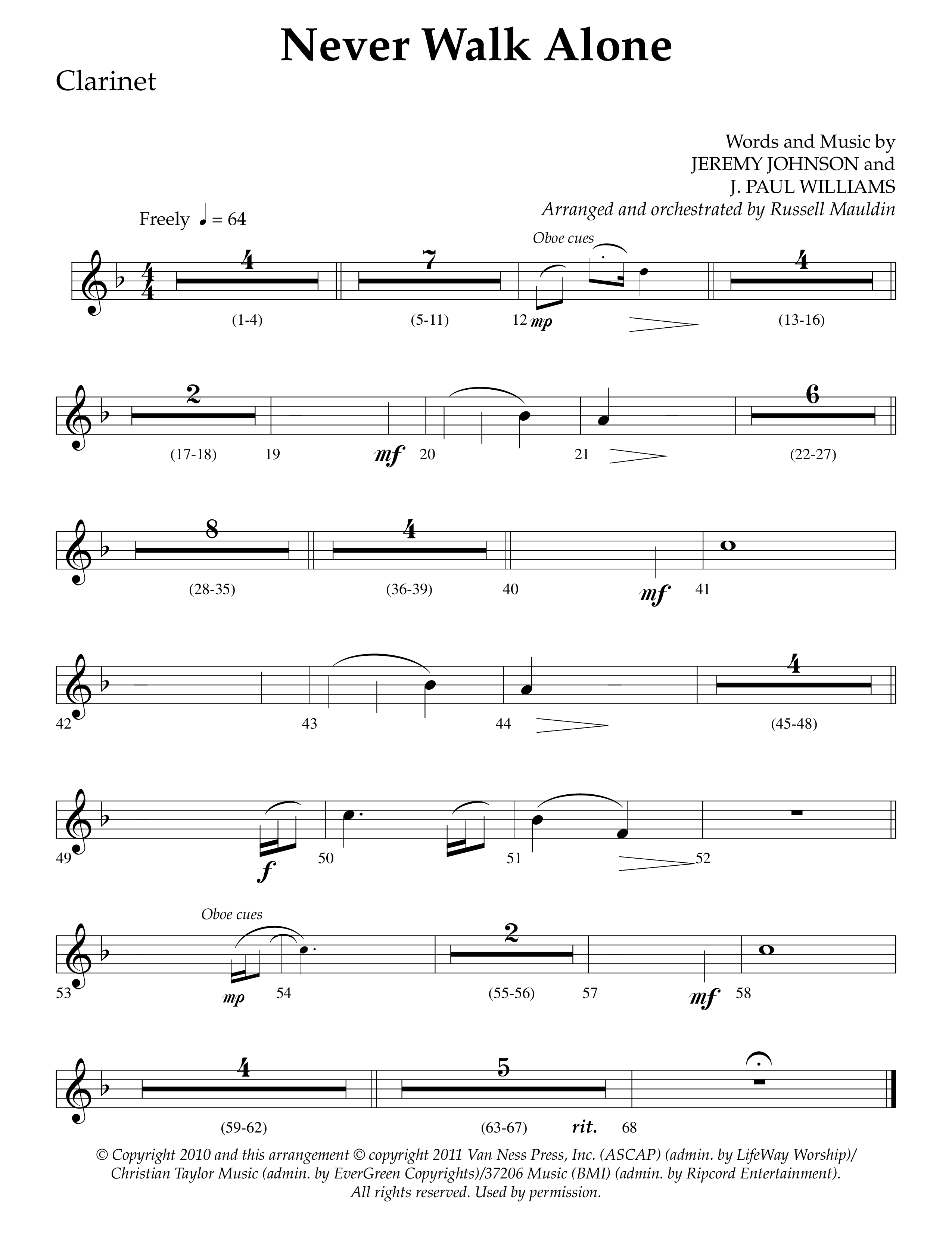Never Walk Alone (Choral Anthem SATB) Clarinet 1/2 (Lifeway Choral / Arr. Russell Mauldin)