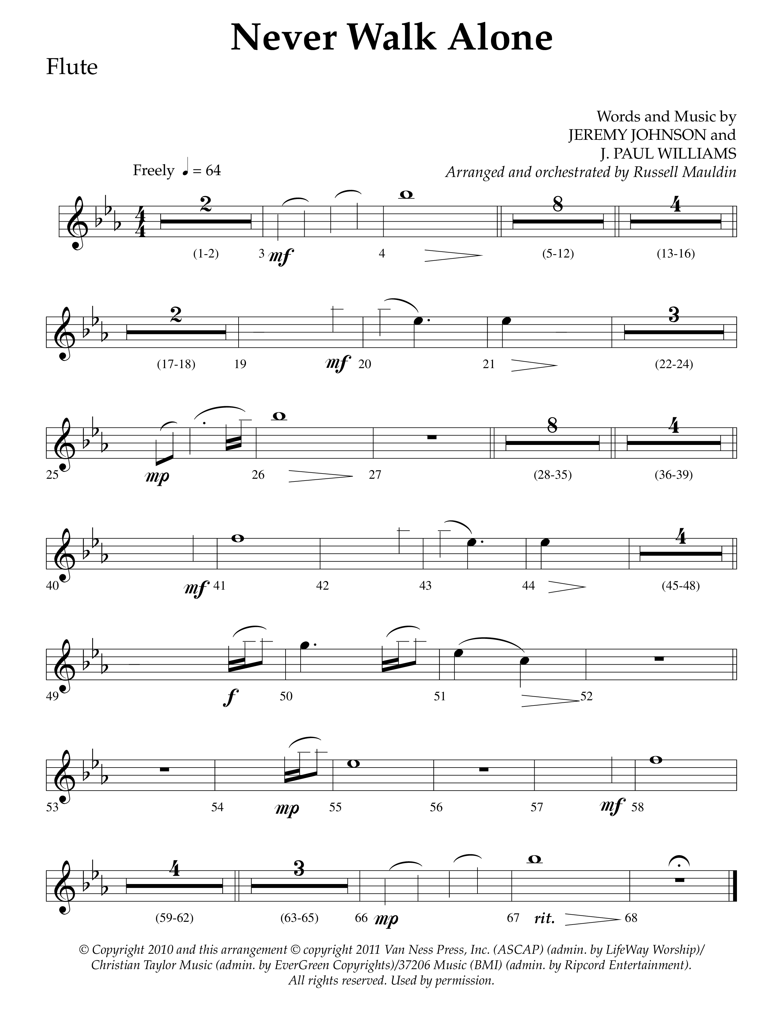 Never Walk Alone (Choral Anthem SATB) Flute (Lifeway Choral / Arr. Russell Mauldin)