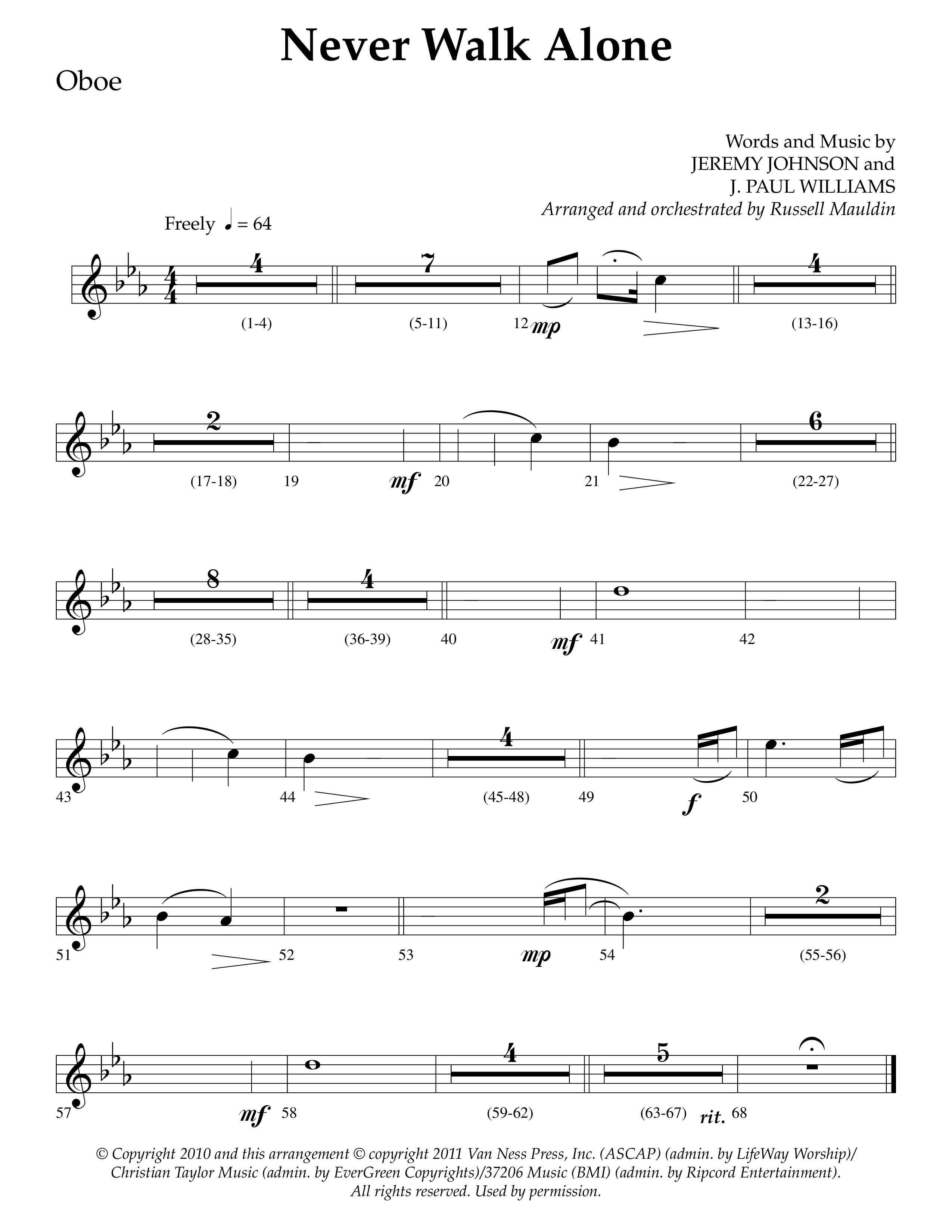 Never Walk Alone (Choral Anthem SATB) Oboe (Lifeway Choral / Arr. Russell Mauldin)