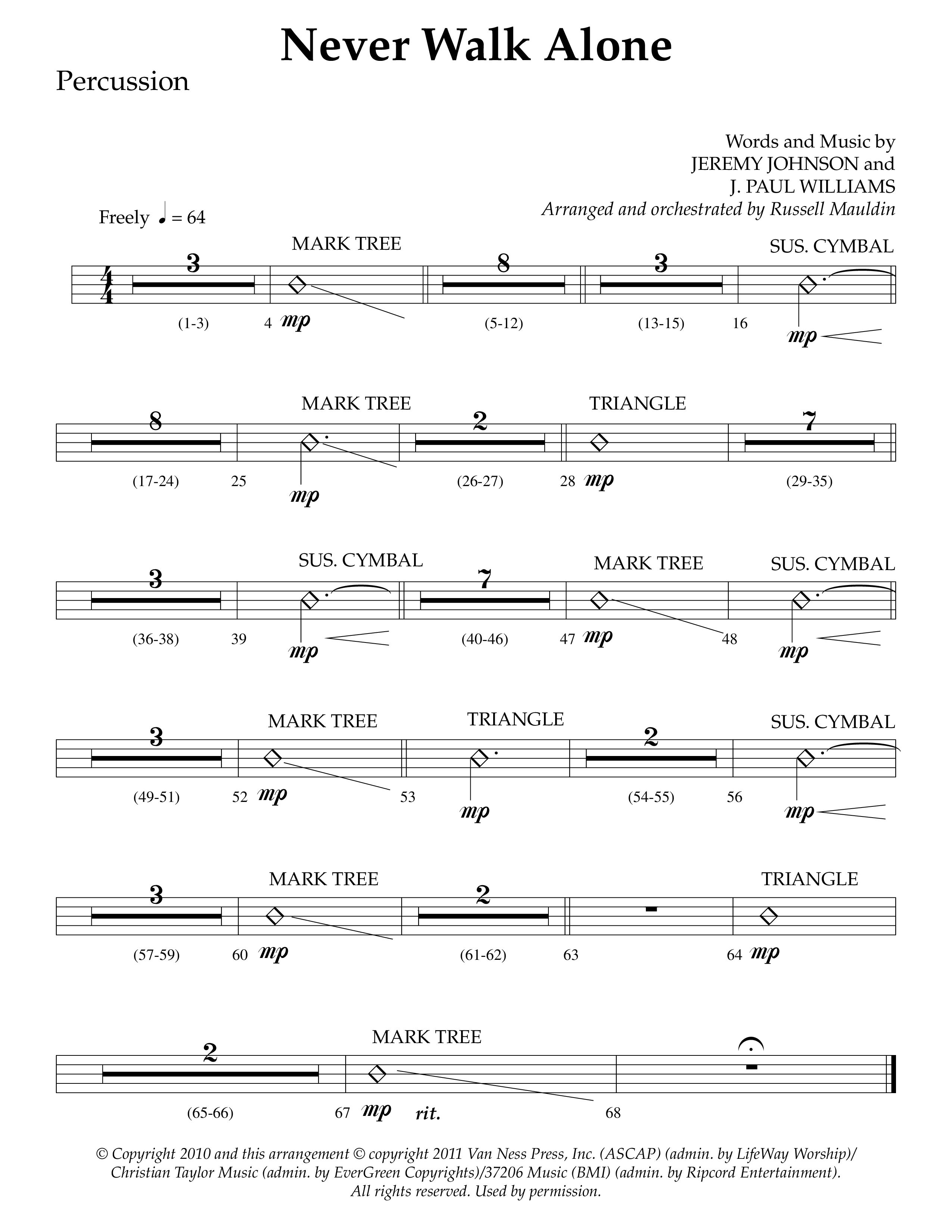 Never Walk Alone (Choral Anthem SATB) Percussion (Lifeway Choral / Arr. Russell Mauldin)