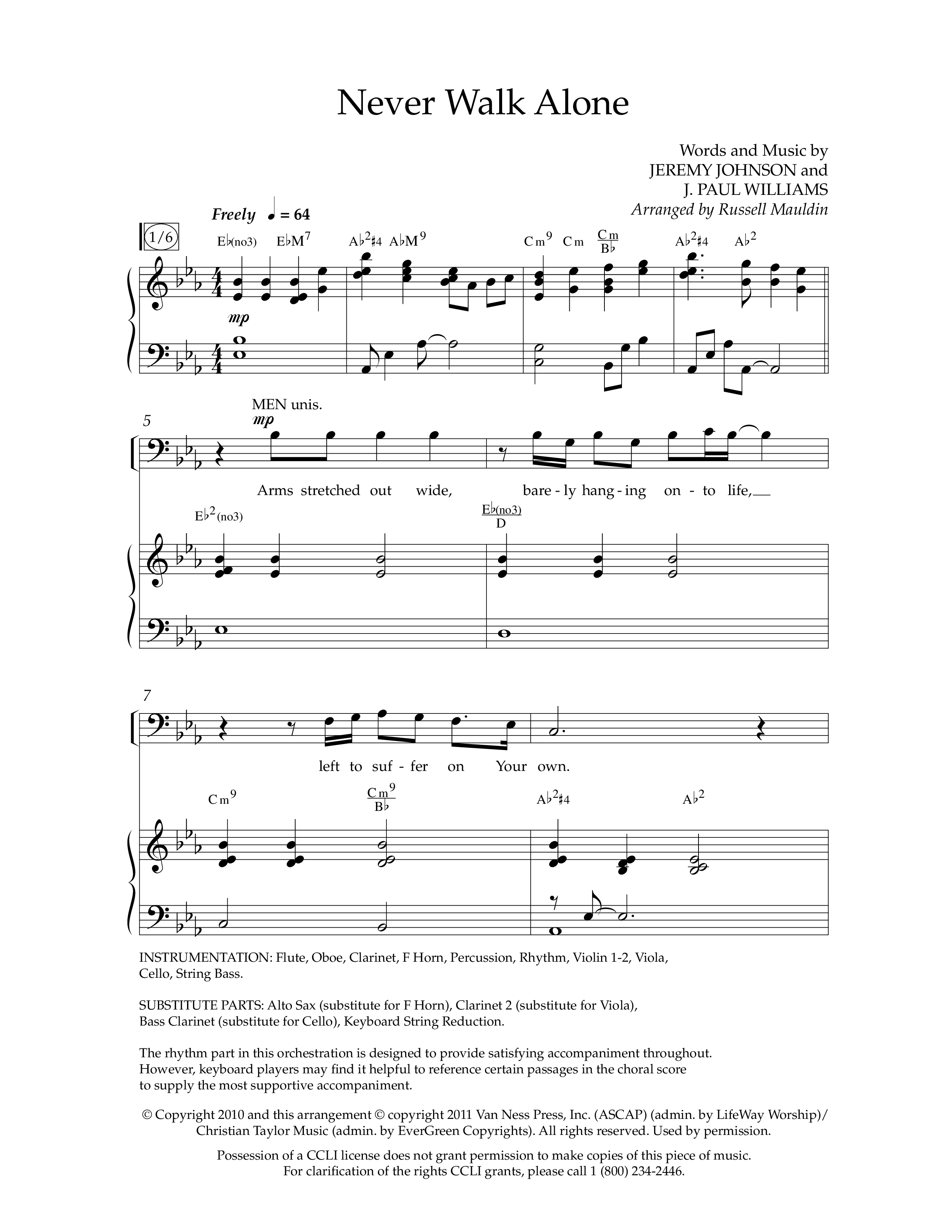 Never Walk Alone (Choral Anthem SATB) Anthem (SATB/Piano) (Lifeway Choral / Arr. Russell Mauldin)