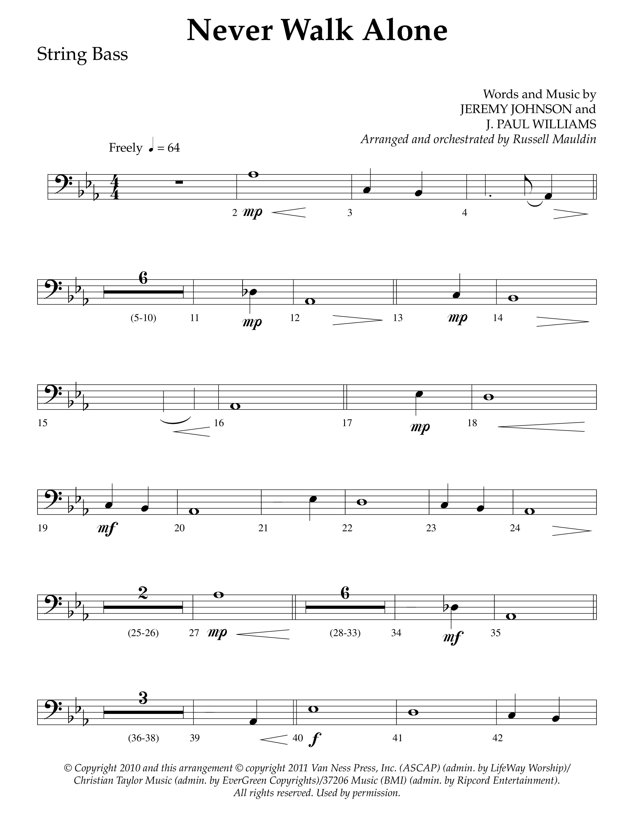 Never Walk Alone (Choral Anthem SATB) String Bass (Lifeway Choral / Arr. Russell Mauldin)