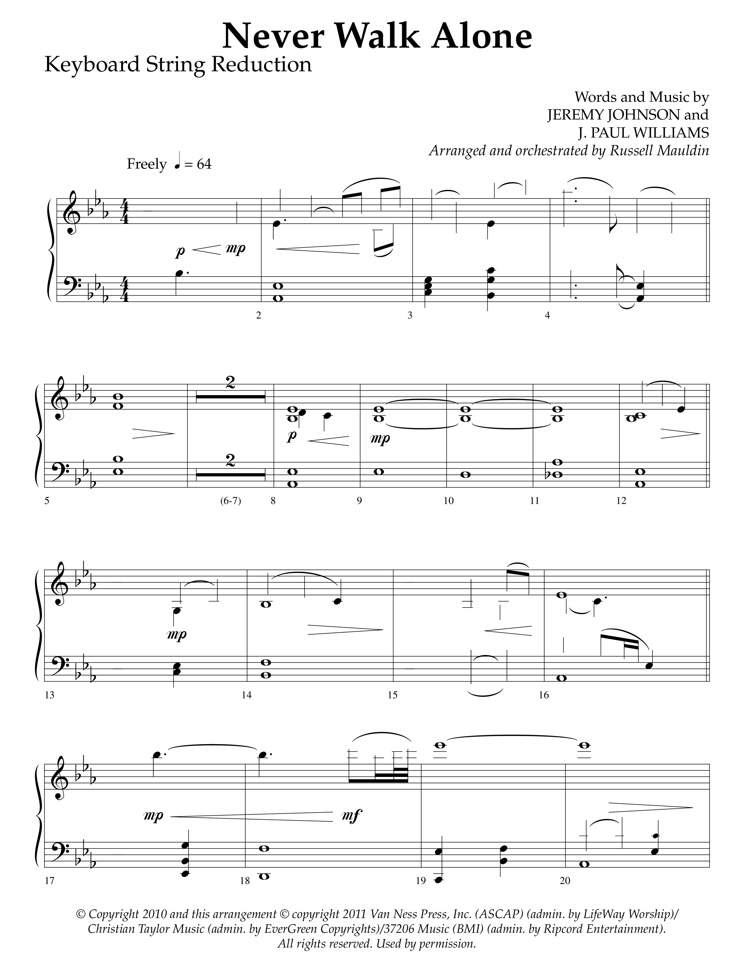 Never Walk Alone (Choral Anthem SATB) String Reduction (Lifeway Choral / Arr. Russell Mauldin)