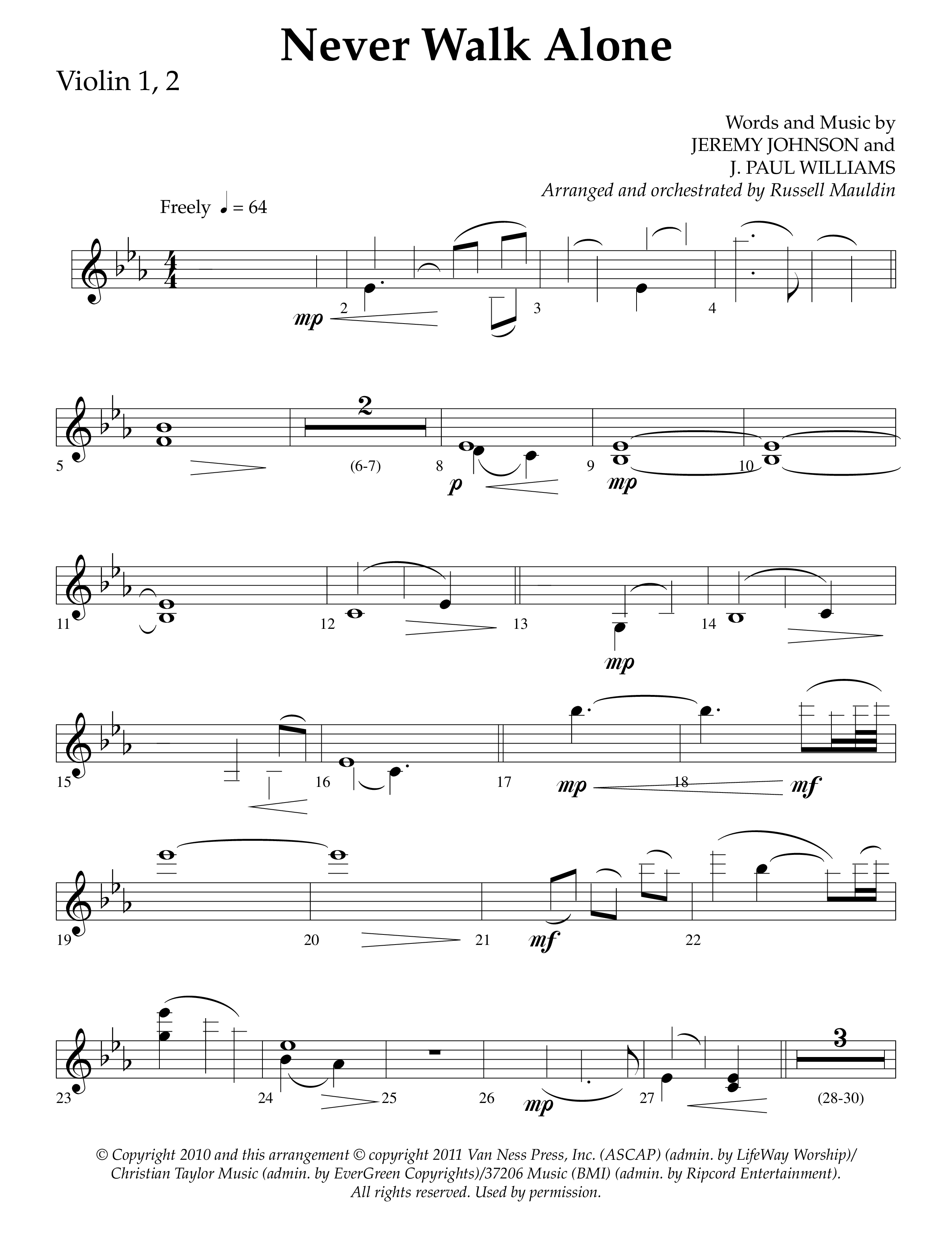 Never Walk Alone (Choral Anthem SATB) Violin 1/2 (Lifeway Choral / Arr. Russell Mauldin)