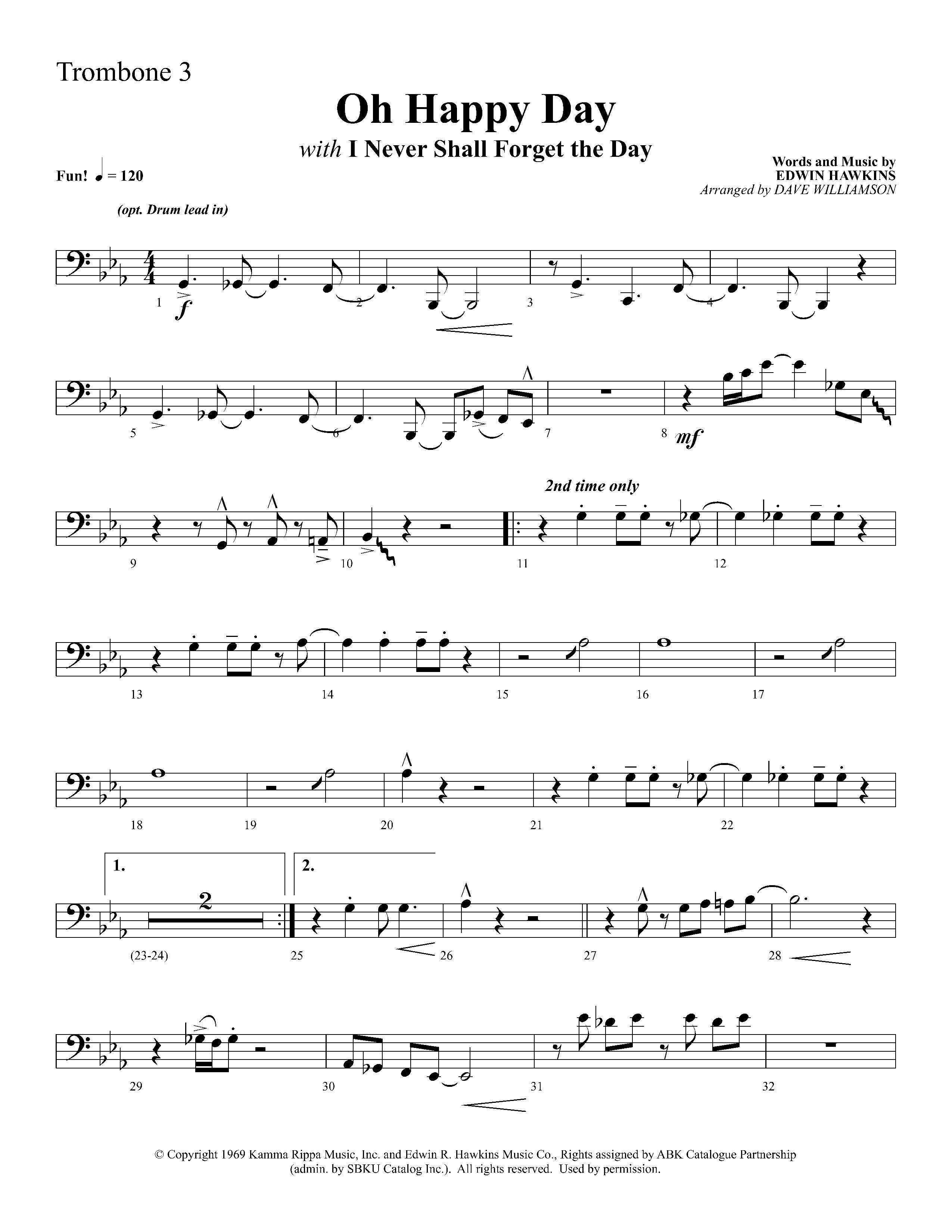 Oh Happy Day (with I Never Shall Forget The Day) (Choral Anthem SATB) Trombone 3 (Lifeway Choral / Arr. Dave Williamson)