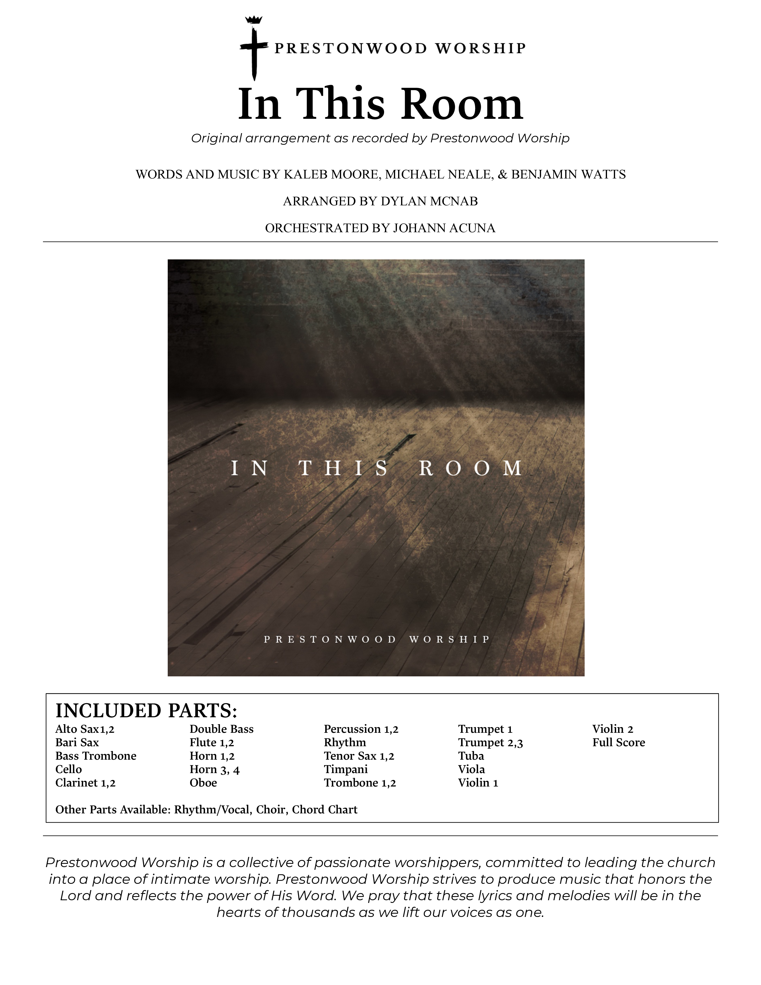 In This Room Cover Sheet (Prestonwood Worship / Arr. Dylan McNab / Orch. Johann Acuna)