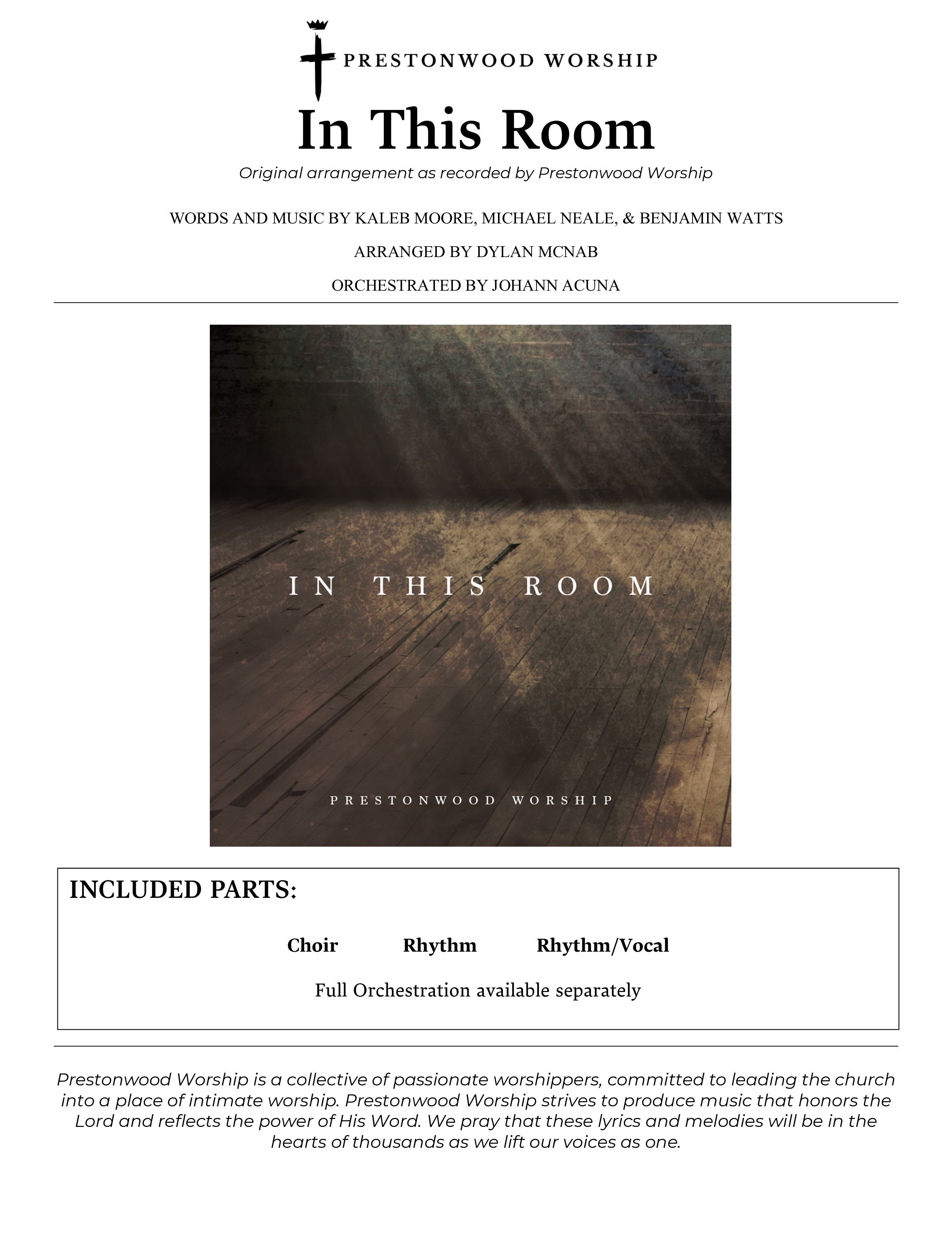 In This Room Choral Vocal Parts (Prestonwood Worship / Arr. Dylan McNab / Orch. Johann Acuna)