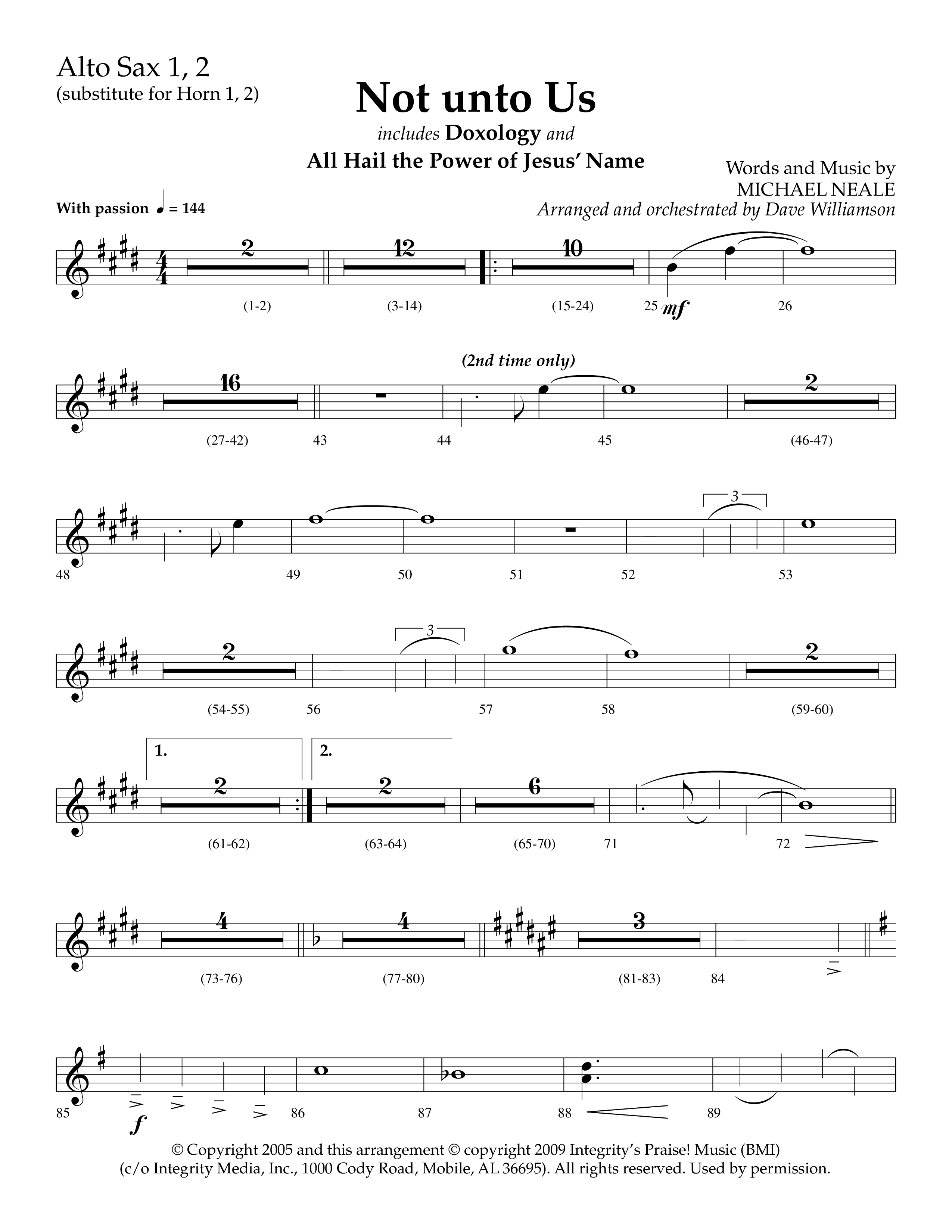 Not Unto Us (with Doxology, All Hail The Power Of Jesus Name) (Choral Anthem SATB) Alto Sax 1/2 (Lifeway Choral / Arr. Dave Williamson)