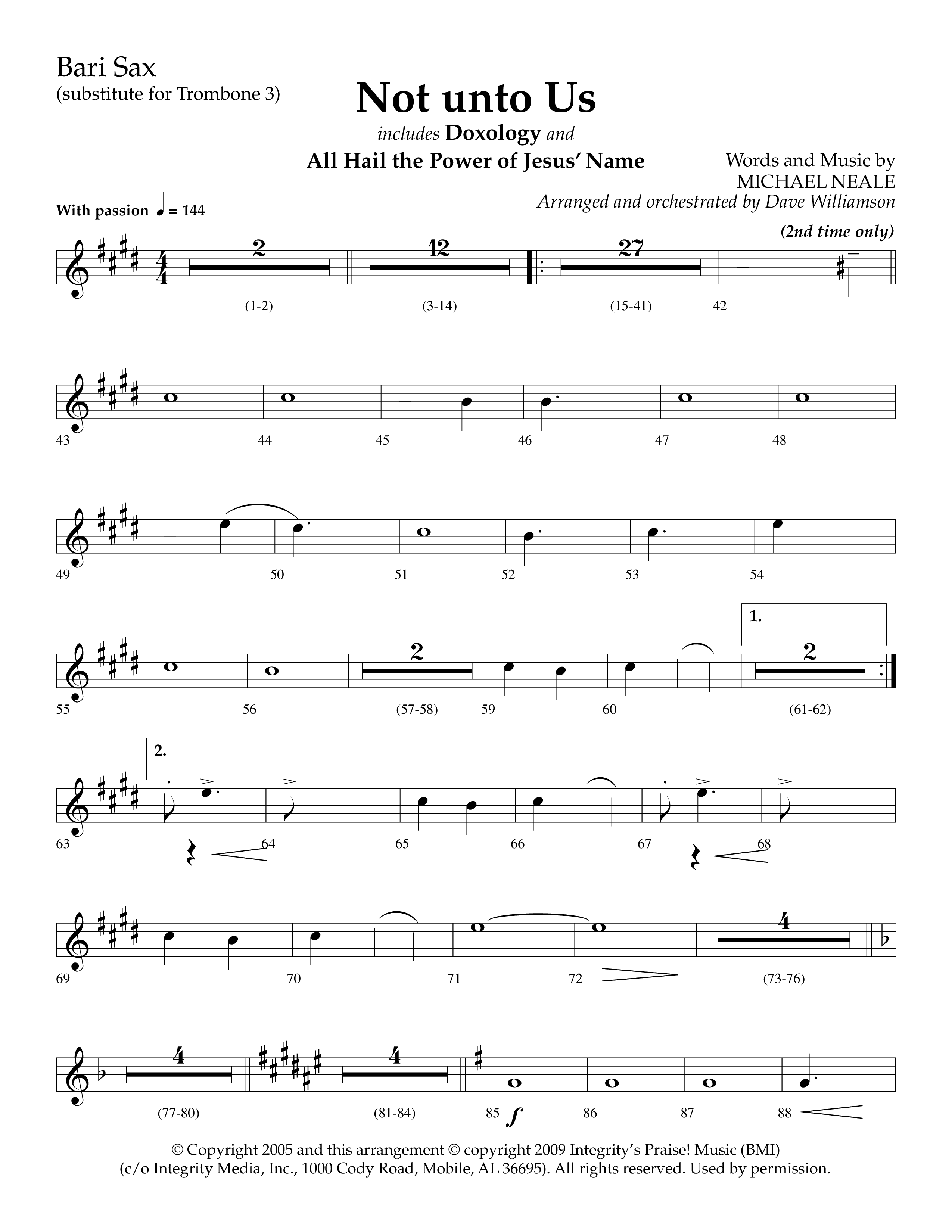 Not Unto Us (with Doxology, All Hail The Power Of Jesus Name) (Choral Anthem SATB) Bari Sax (Lifeway Choral / Arr. Dave Williamson)