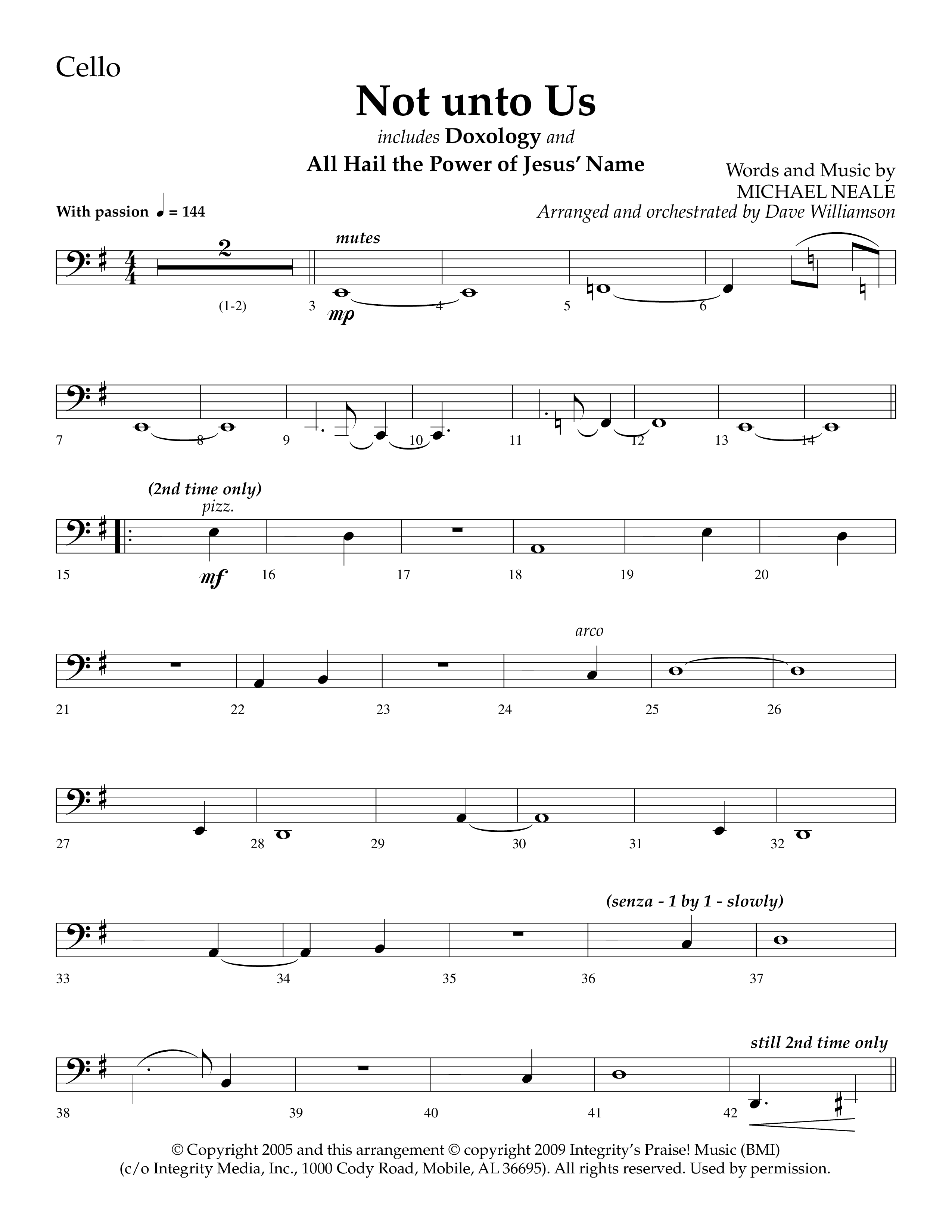 Not Unto Us (with Doxology, All Hail The Power Of Jesus Name) (Choral Anthem SATB) Cello (Lifeway Choral / Arr. Dave Williamson)