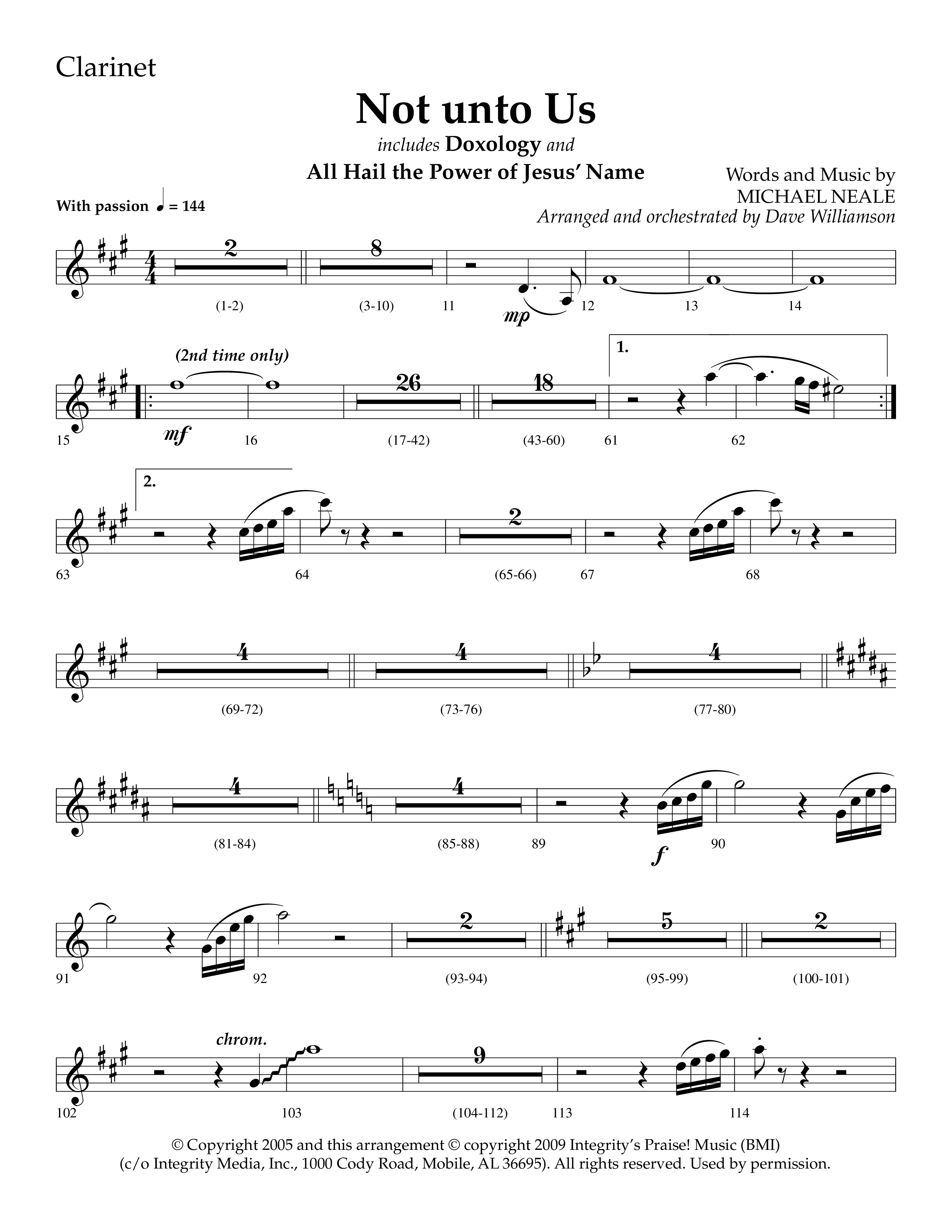 Not Unto Us (with Doxology, All Hail The Power Of Jesus Name) (Choral Anthem SATB) Clarinet 1/2 (Lifeway Choral / Arr. Dave Williamson)