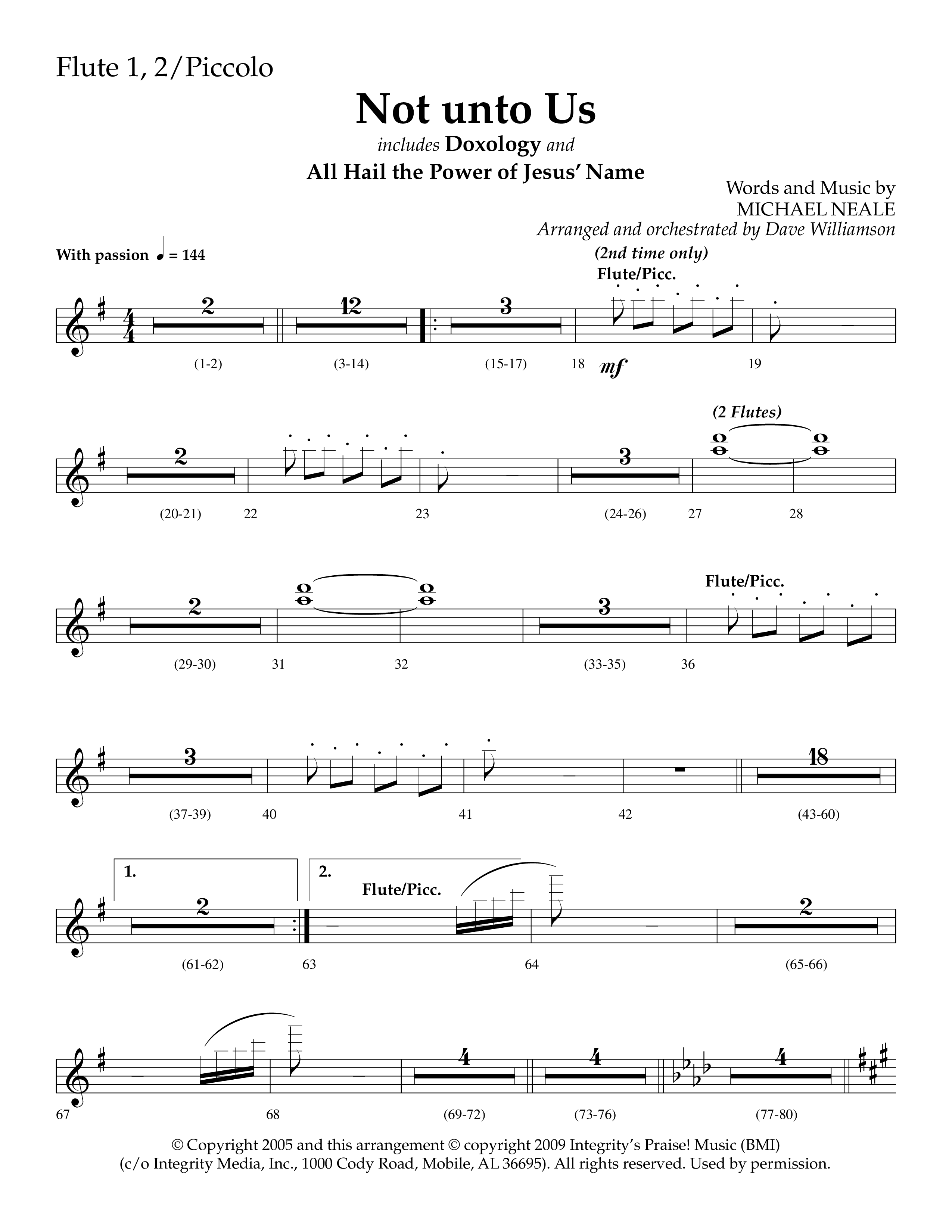 Not Unto Us (with Doxology, All Hail The Power Of Jesus Name) (Choral Anthem SATB) Flute 1/2 (Lifeway Choral / Arr. Dave Williamson)
