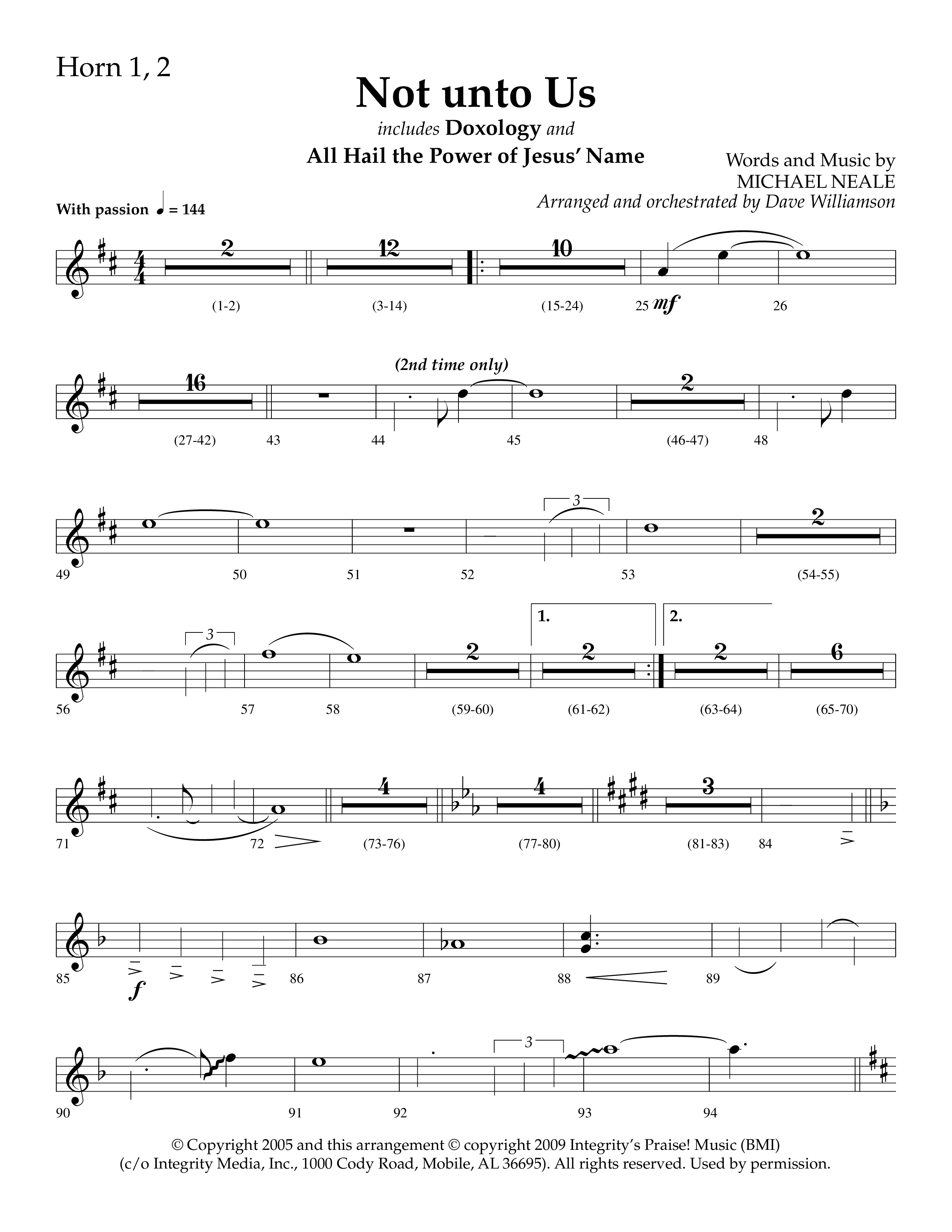 Not Unto Us (with Doxology, All Hail The Power Of Jesus Name) (Choral Anthem SATB) French Horn (Lifeway Choral / Arr. Dave Williamson)