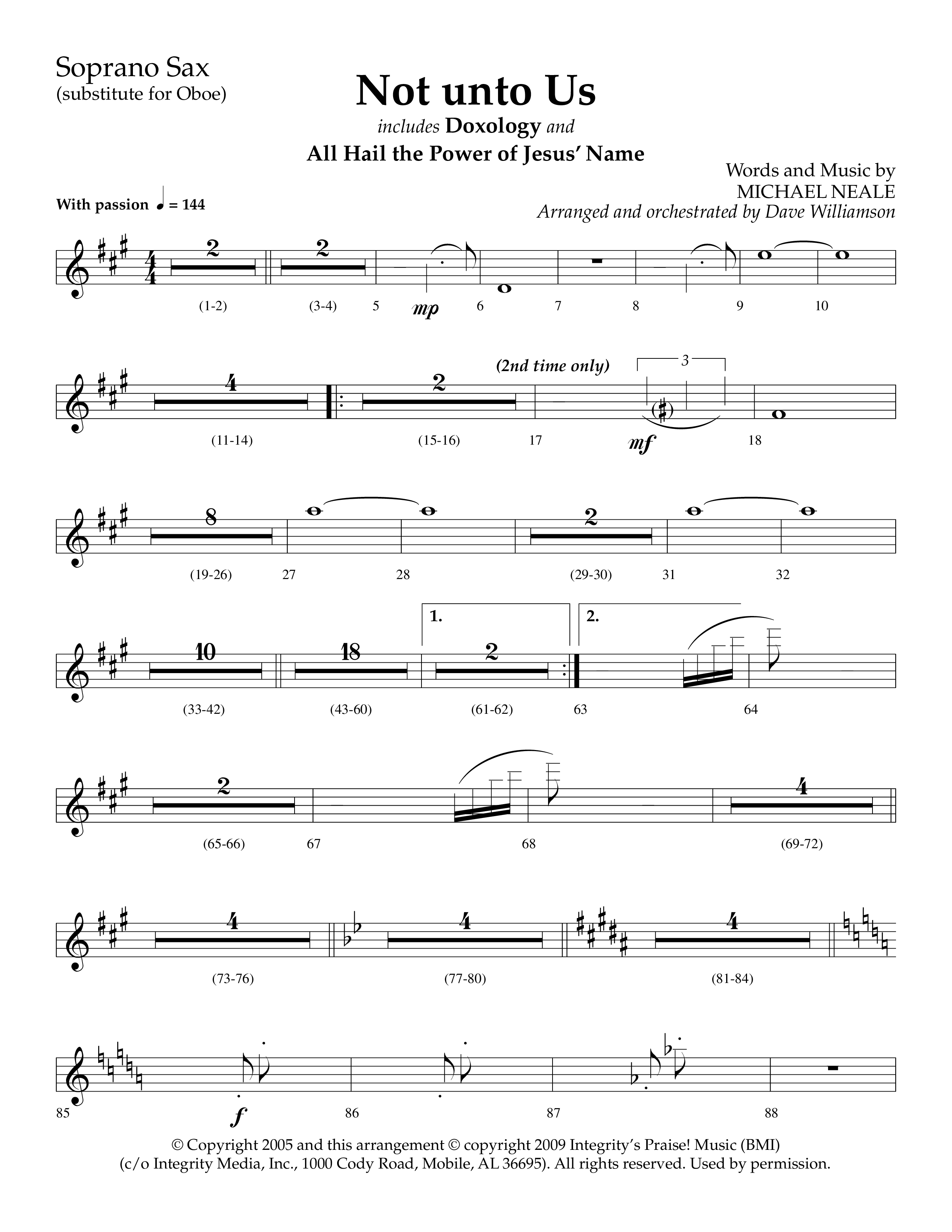 Not Unto Us (with Doxology, All Hail The Power Of Jesus Name) (Choral Anthem SATB) Soprano Sax (Lifeway Choral / Arr. Dave Williamson)