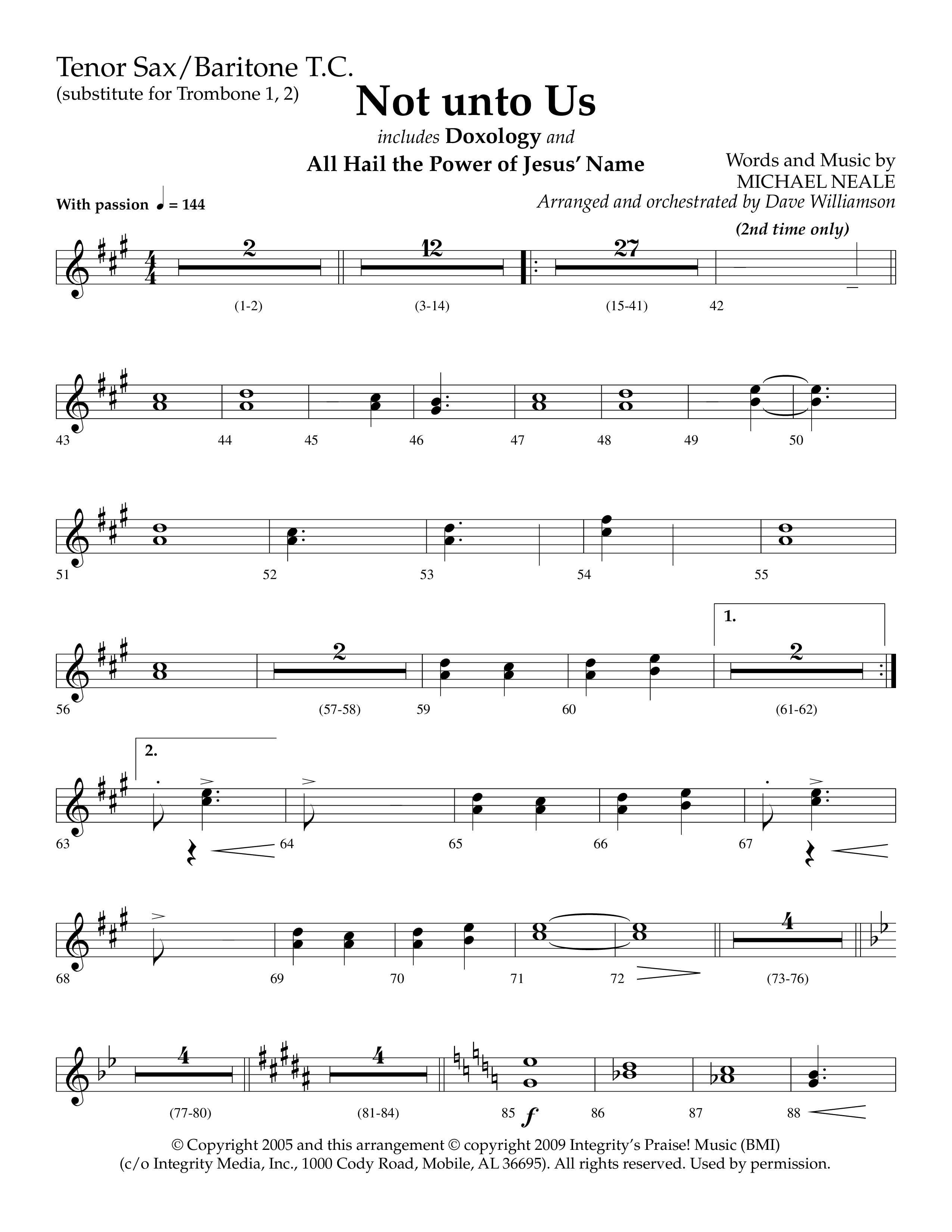 Not Unto Us (with Doxology, All Hail The Power Of Jesus Name) (Choral Anthem SATB) Tenor Sax/Baritone T.C. (Lifeway Choral / Arr. Dave Williamson)