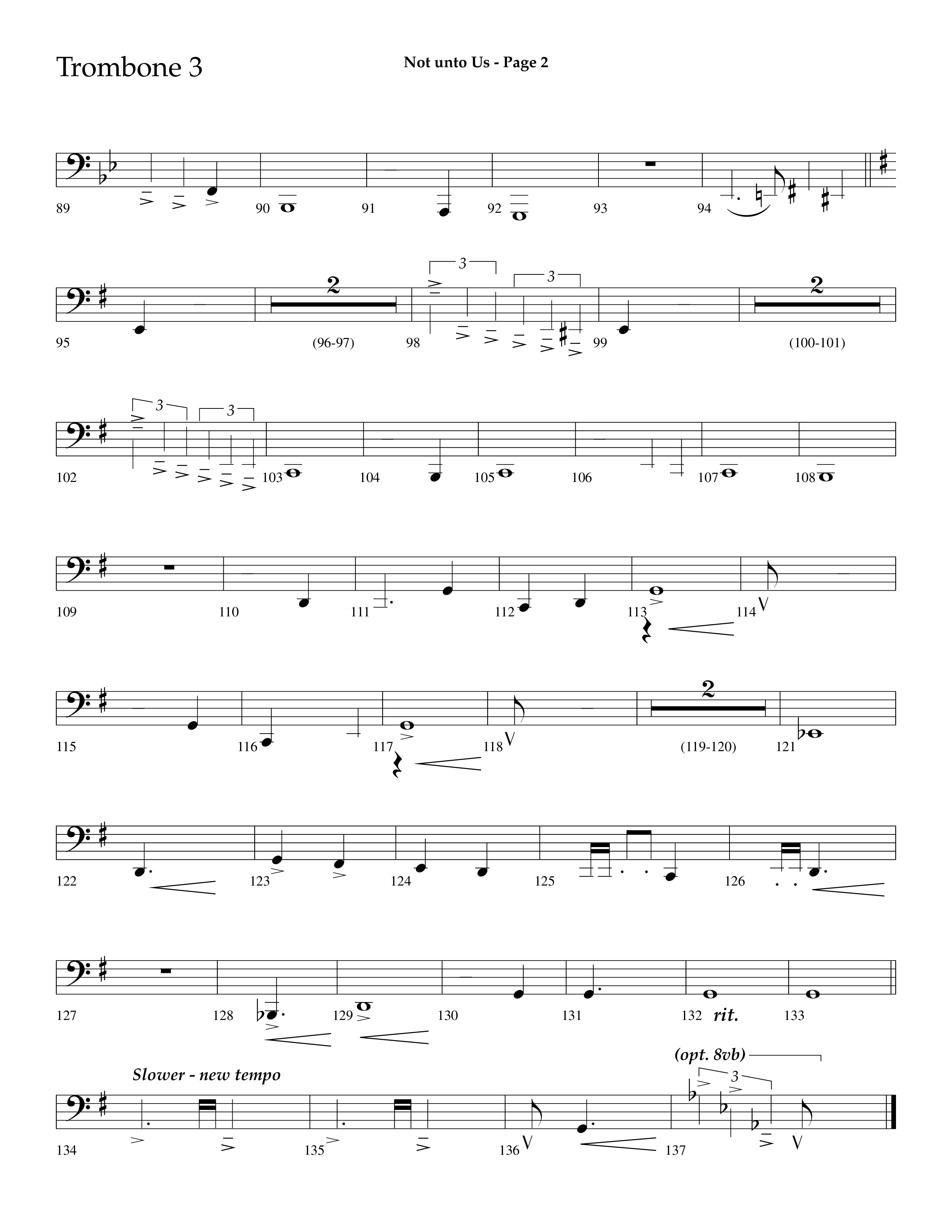 Not Unto Us (with Doxology, All Hail The Power Of Jesus Name) (Choral Anthem SATB) Trombone 3 (Lifeway Choral / Arr. Dave Williamson)