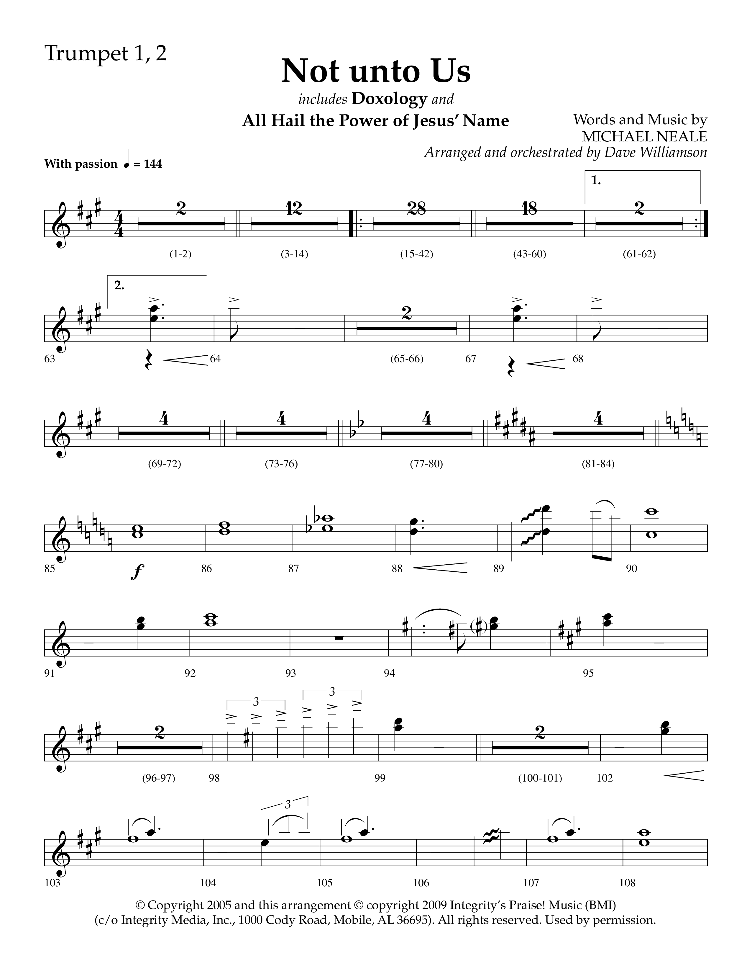 Not Unto Us (with Doxology, All Hail The Power Of Jesus Name) (Choral Anthem SATB) Trumpet 1,2 (Lifeway Choral / Arr. Dave Williamson)