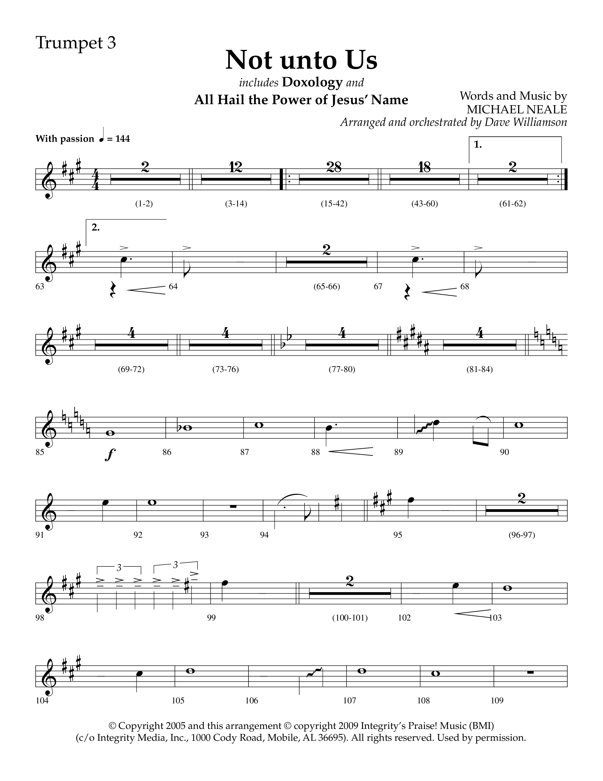 Not Unto Us (with Doxology, All Hail The Power Of Jesus Name) (Choral Anthem SATB) Trumpet 3 (Lifeway Choral / Arr. Dave Williamson)