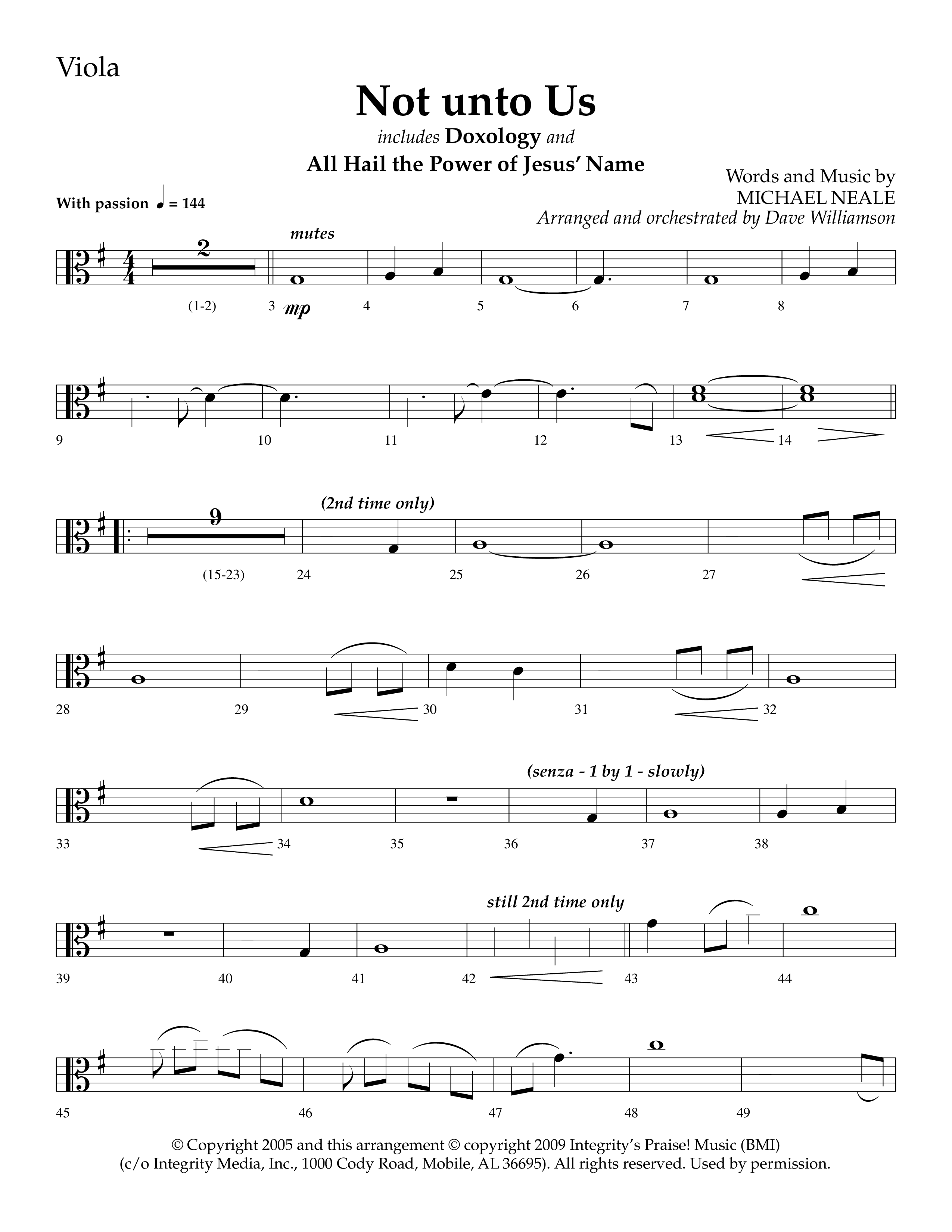 Not Unto Us (with Doxology, All Hail The Power Of Jesus Name) (Choral Anthem SATB) Viola (Lifeway Choral / Arr. Dave Williamson)
