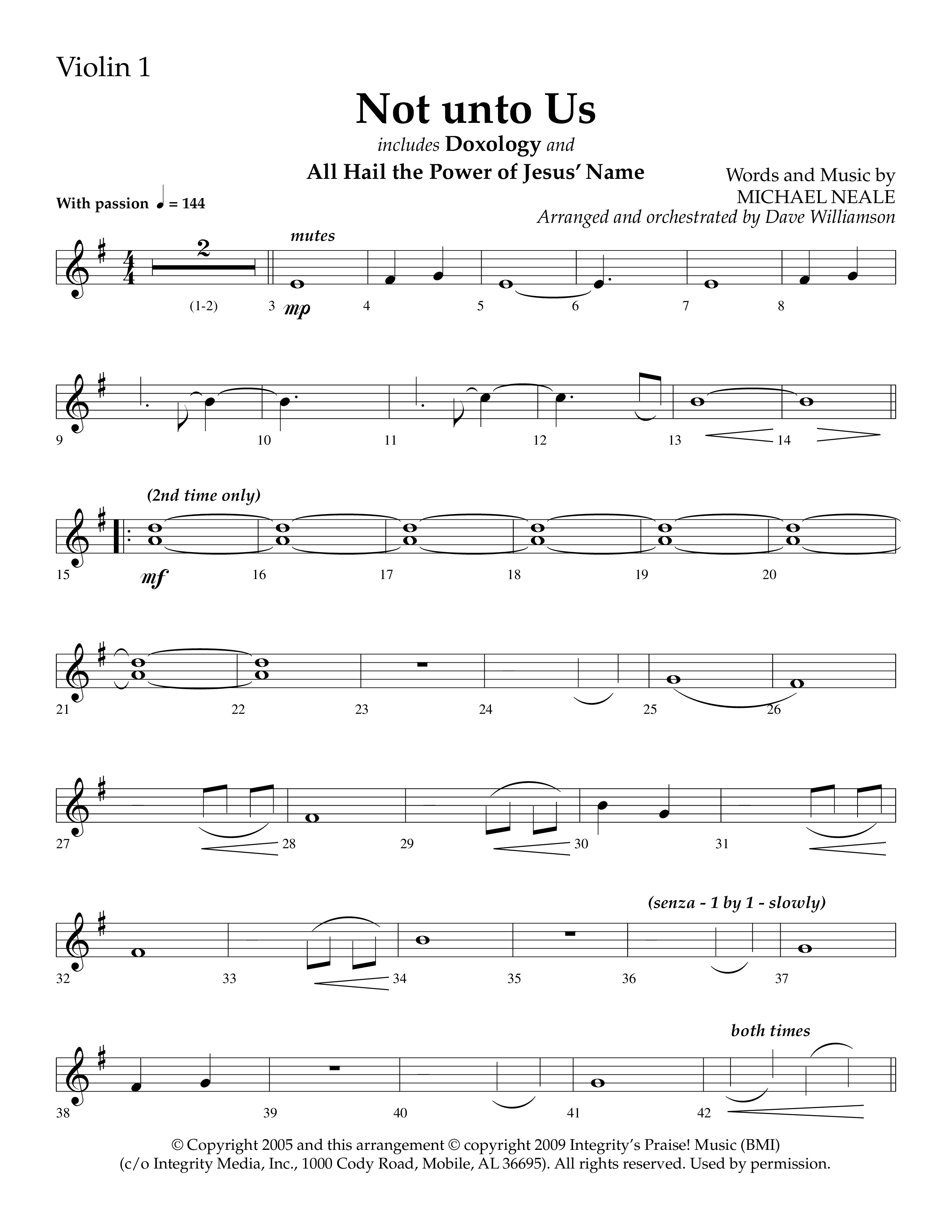Not Unto Us (with Doxology, All Hail The Power Of Jesus Name) (Choral Anthem SATB) Violin 1 (Lifeway Choral / Arr. Dave Williamson)