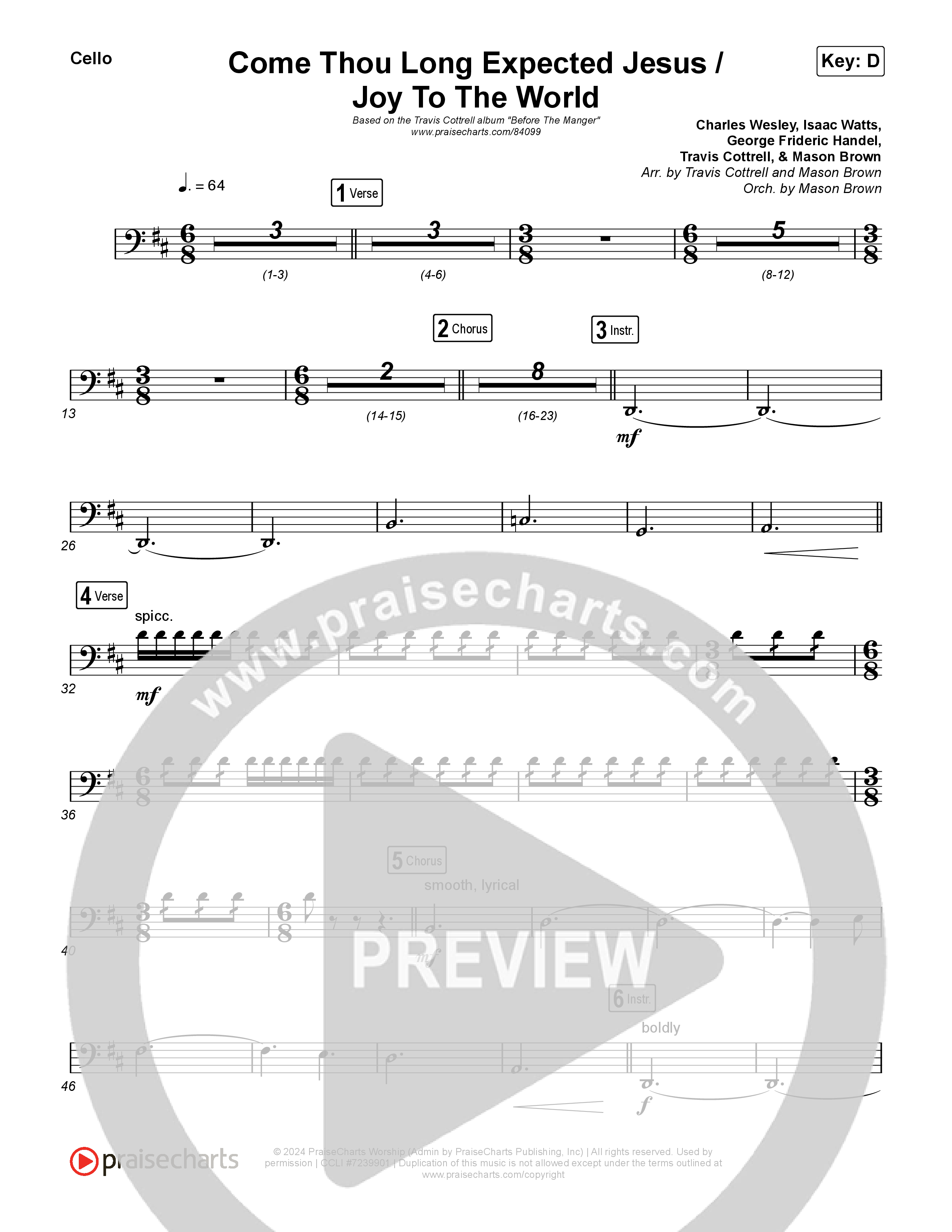 Come Thou Long Expected Jesus / Joy To The World (Choral/SATB) Cello (Travis Cottrell / Cheryl Stark / Arr. Mason Brown)