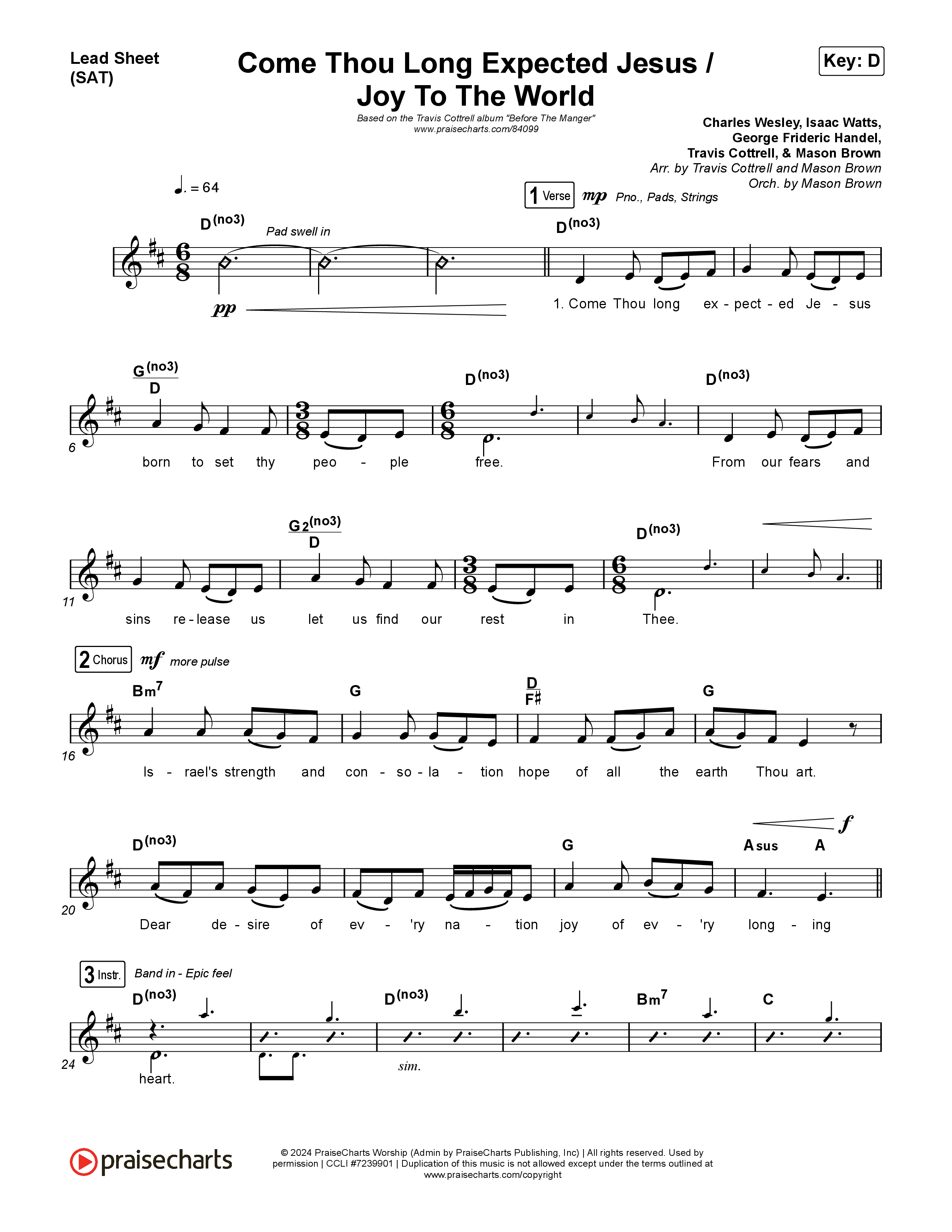 Come Thou Long Expected Jesus / Joy To The World (Choral/SATB) Lead Sheet (SAT) (Travis Cottrell / Cheryl Stark / Arr. Mason Brown)