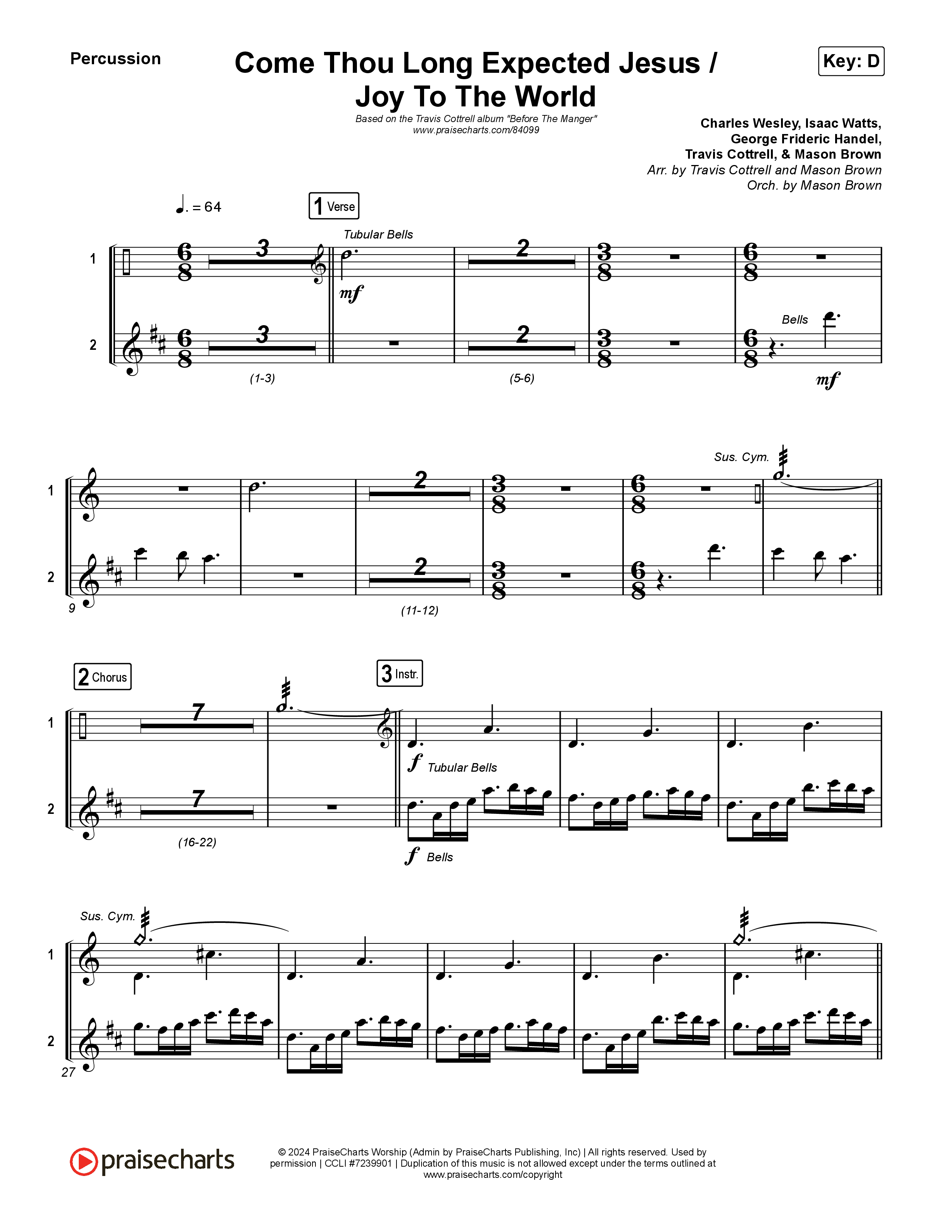 Come Thou Long Expected Jesus / Joy To The World (Choral/SATB) Percussion (Travis Cottrell / Cheryl Stark / Arr. Mason Brown)