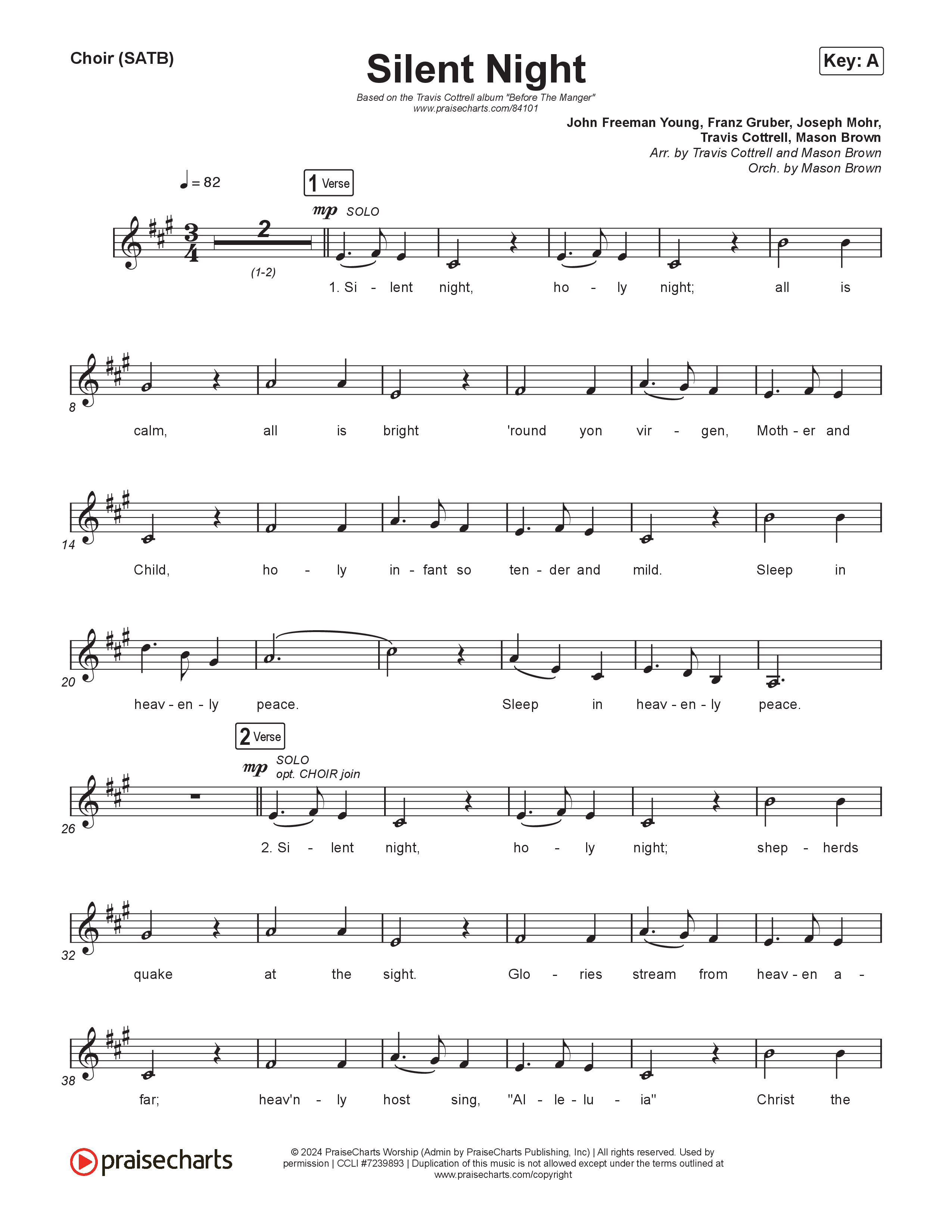 Silent Night (Choral/SATB) Choir Sheet (SATB) (Brooke Voland / Arr. Travis Cottrell / Orch. Mason Brown)