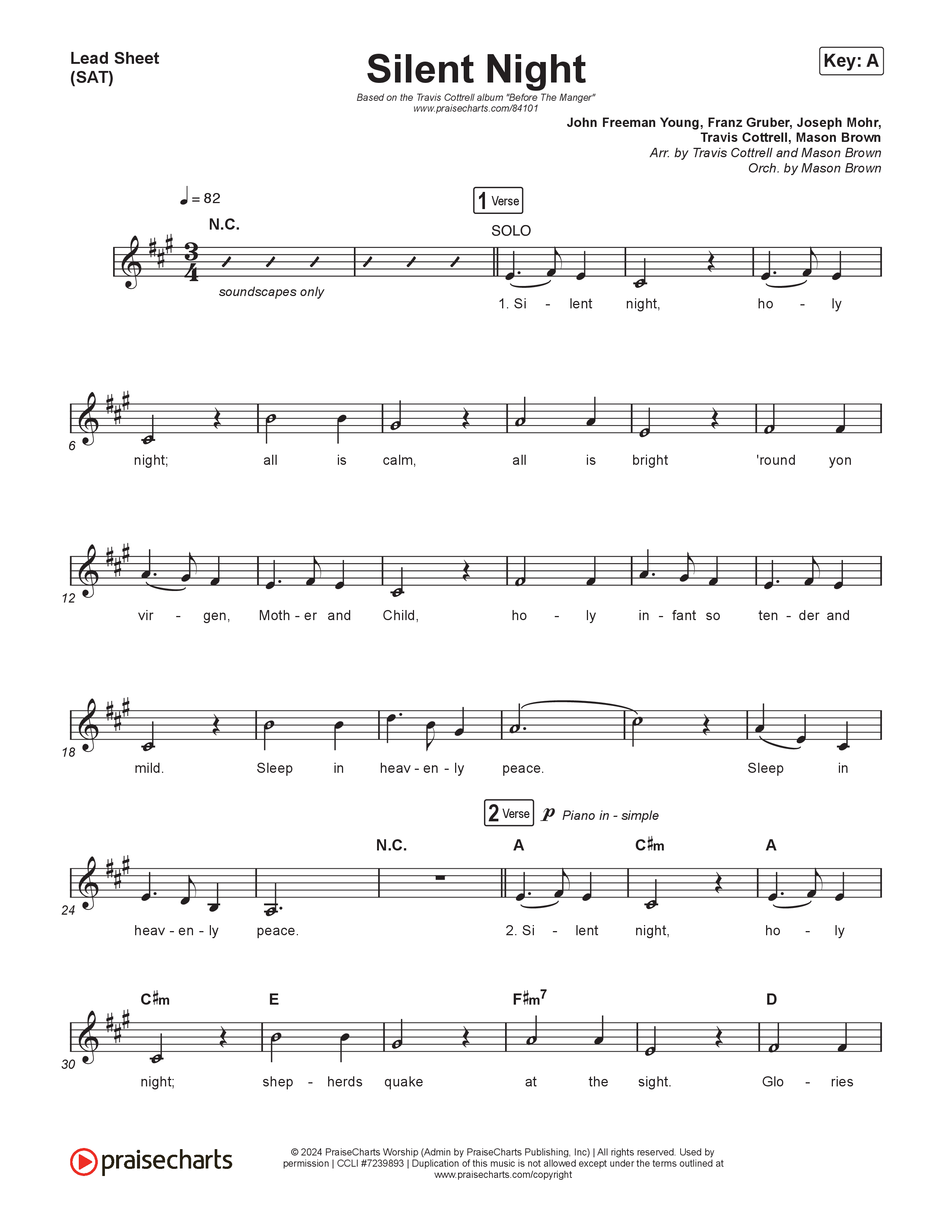 Silent Night (Choral/SATB) Lead Sheet (SAT) (Brooke Voland / Arr. Travis Cottrell / Orch. Mason Brown)