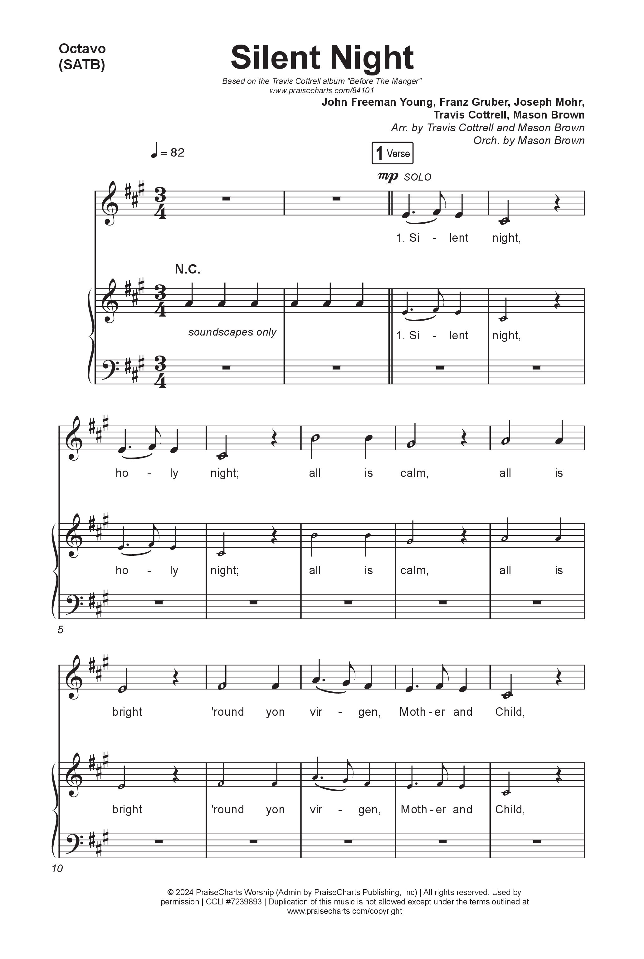 Silent Night (Choral/SATB) Octavo (SATB & Pno) (Brooke Voland / Arr. Travis Cottrell / Orch. Mason Brown)