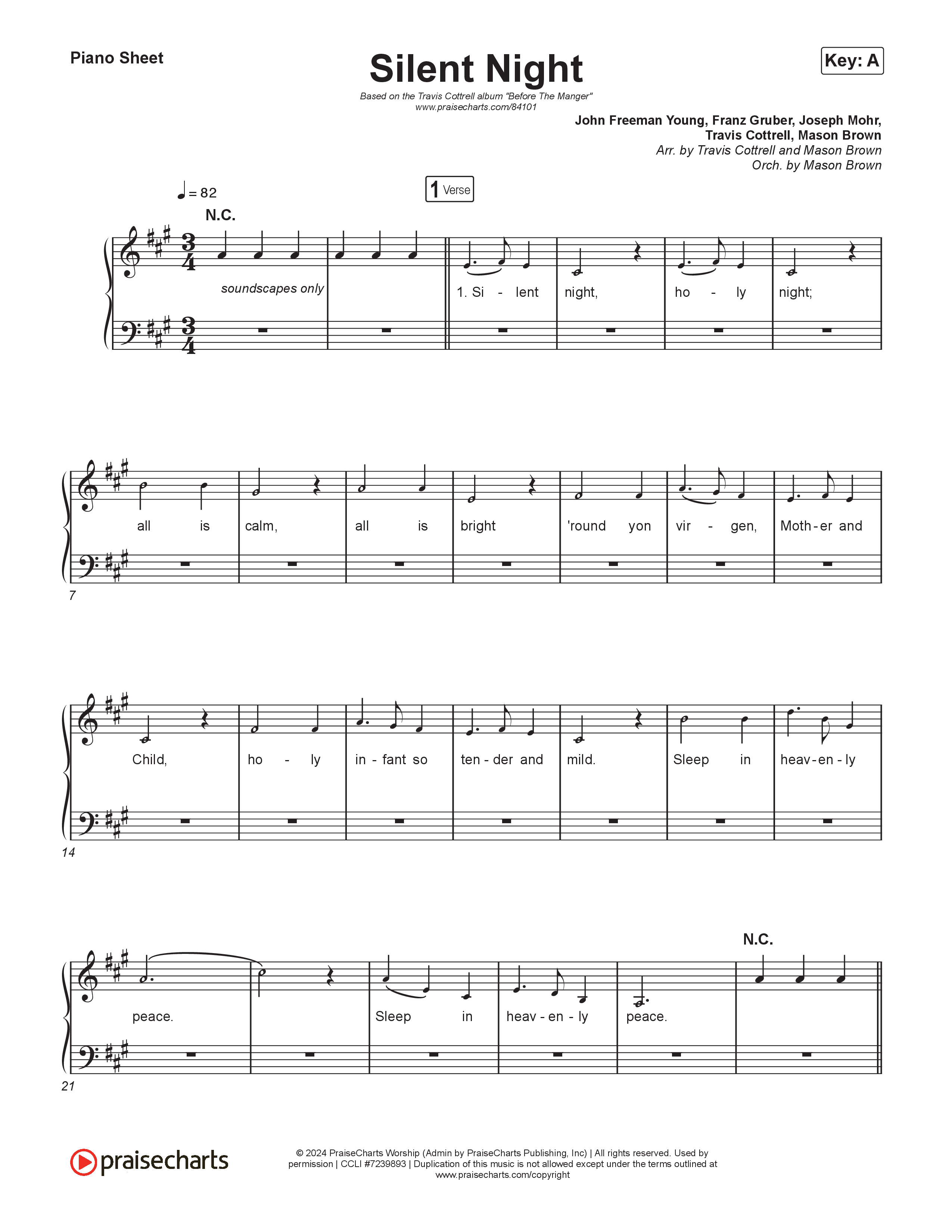 Silent Night (Choral/SATB) Piano Sheet (Brooke Voland / Arr. Travis Cottrell / Orch. Mason Brown)