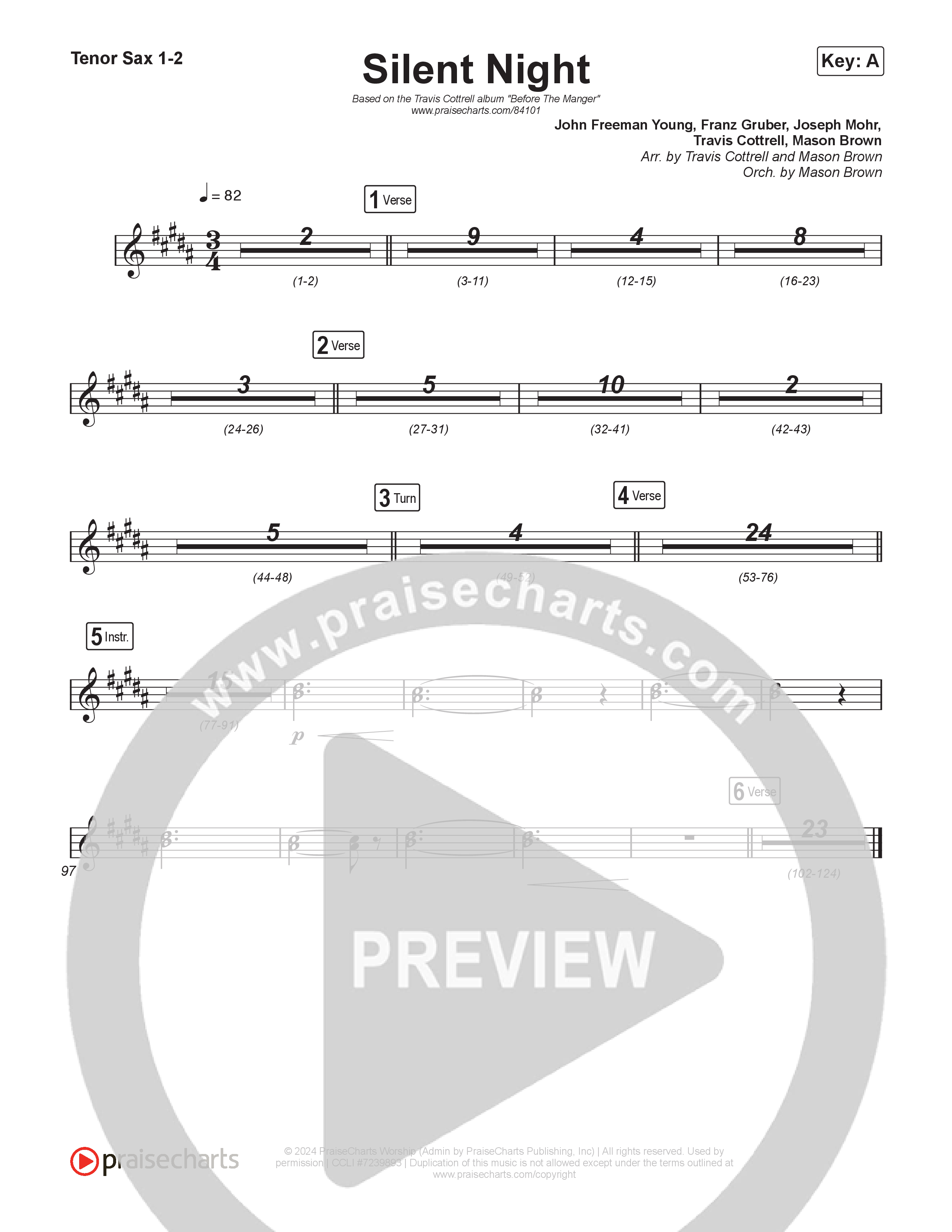 Silent Night (Choral/SATB) Tenor Sax 1,2 (Brooke Voland / Arr. Travis Cottrell / Orch. Mason Brown)