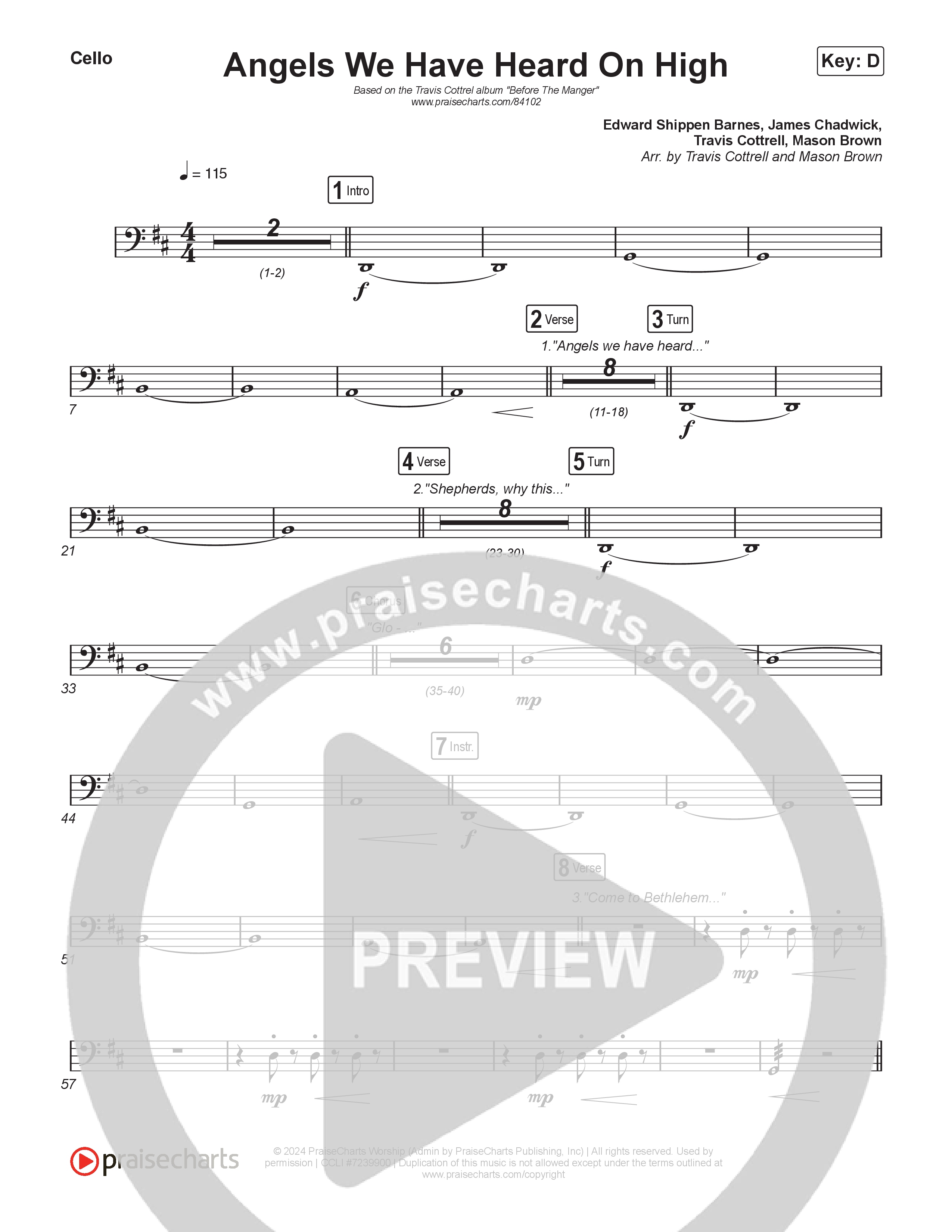 Angels We Have Heard On High (Choral/SATB) Cello (Hannah Kerr / Arr. Travis Cottrell / Orch. Mason Brown)