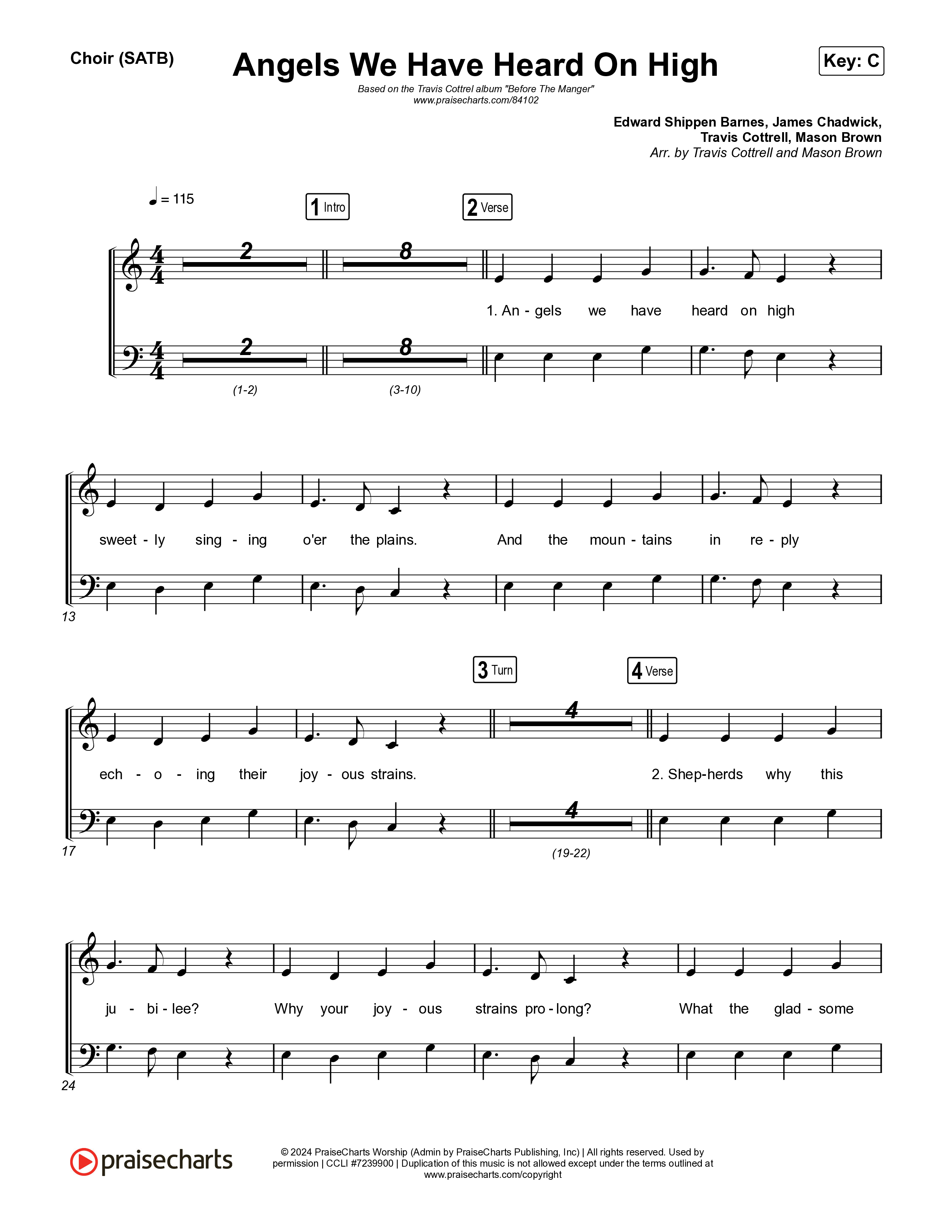 Angels We Have Heard On High (Choral/SATB) Choir Vocals (SATB) (Hannah Kerr / Arr. Travis Cottrell / Orch. Mason Brown)