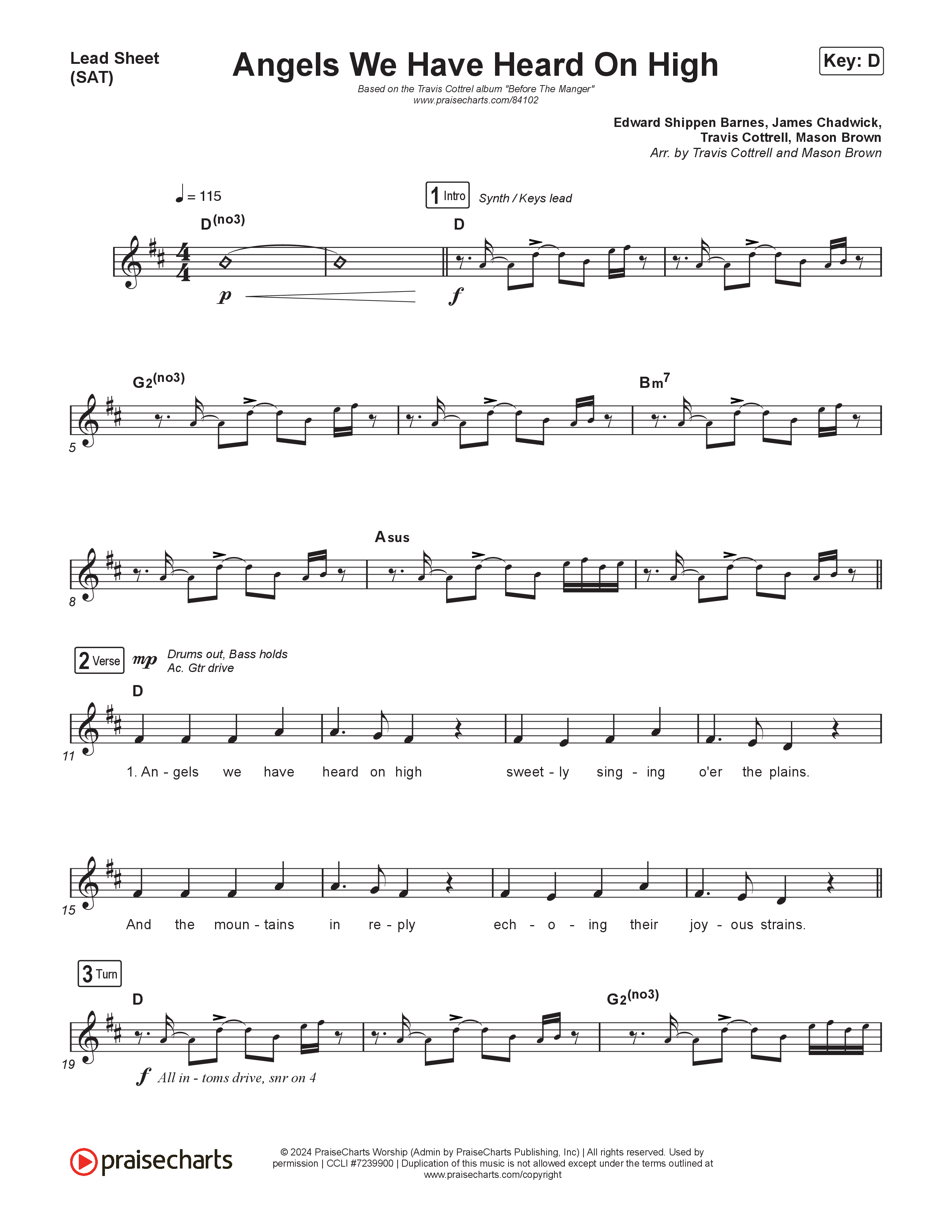 Angels We Have Heard On High (Choral/SATB) Lead Sheet (SAT) (Hannah Kerr / Arr. Travis Cottrell / Orch. Mason Brown)
