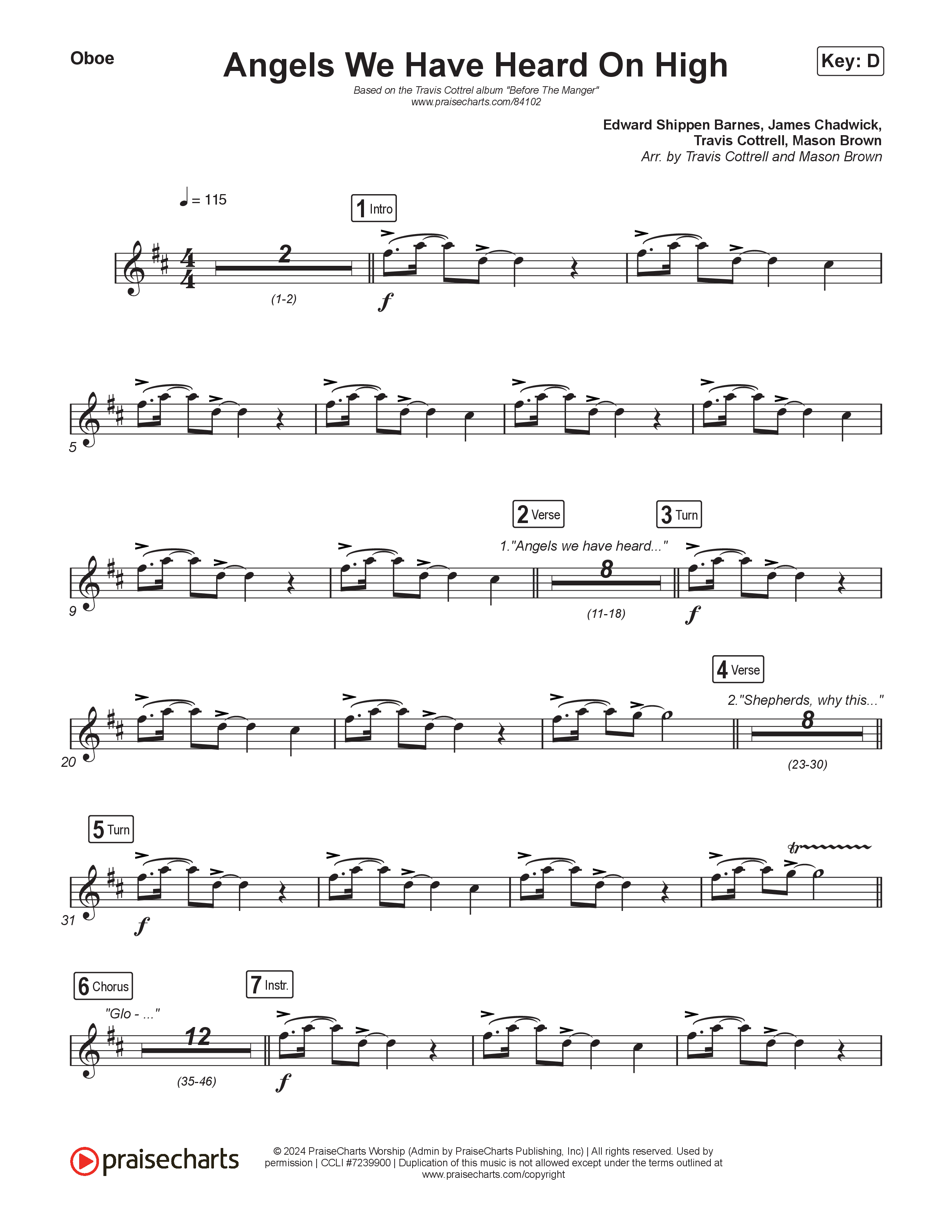 Angels We Have Heard On High (Choral/SATB) Oboe (Hannah Kerr / Arr. Travis Cottrell / Orch. Mason Brown)