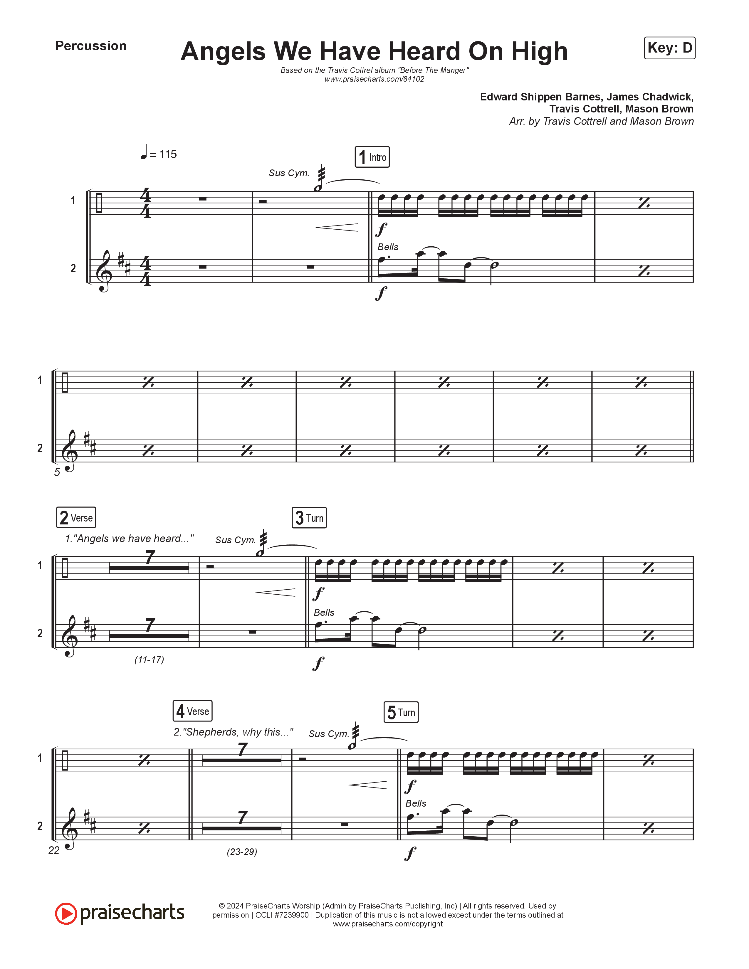 Angels We Have Heard On High (Choral/SATB) Percussion (Hannah Kerr / Arr. Travis Cottrell / Orch. Mason Brown)