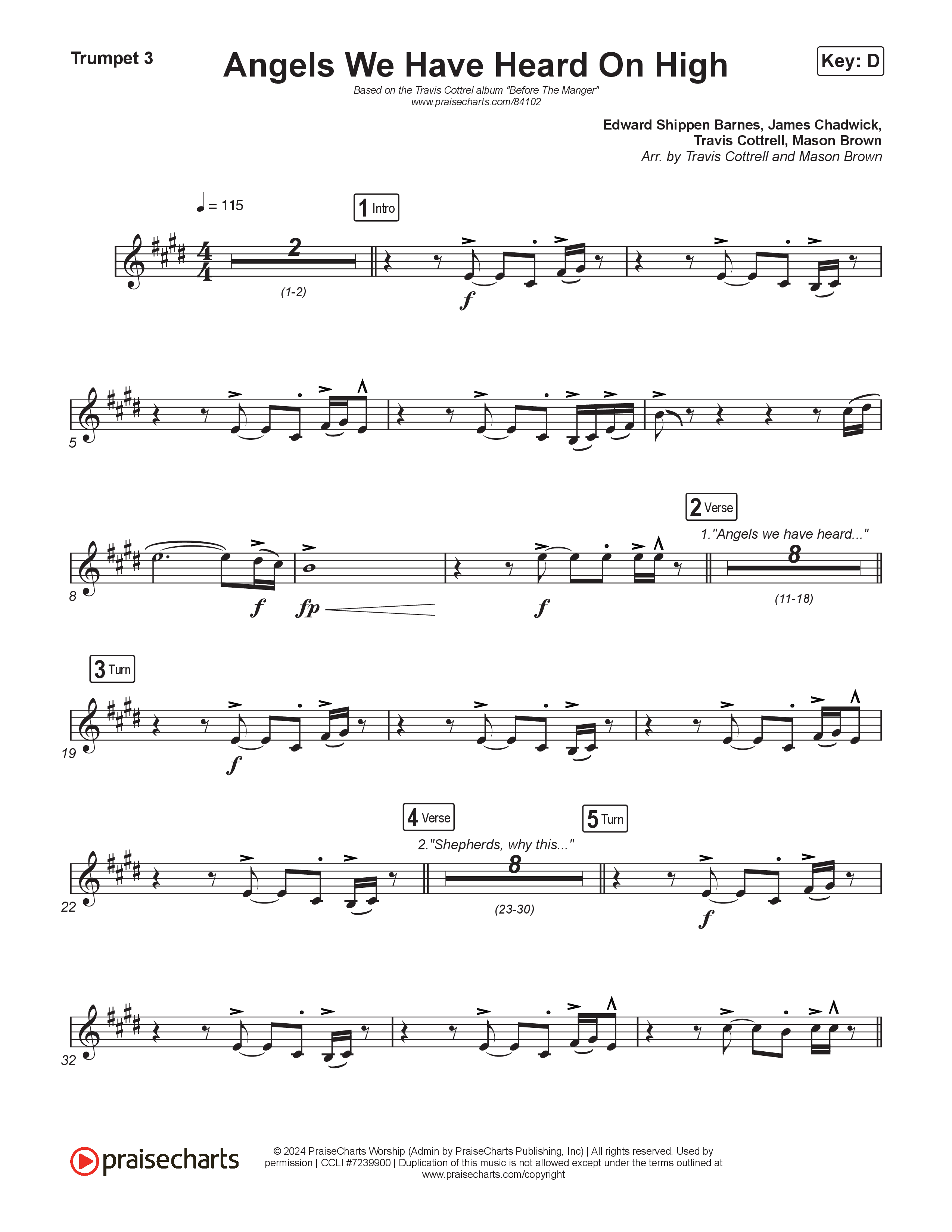 Angels We Have Heard On High (Choral/SATB) Trumpet 3 (Hannah Kerr / Arr. Travis Cottrell / Orch. Mason Brown)