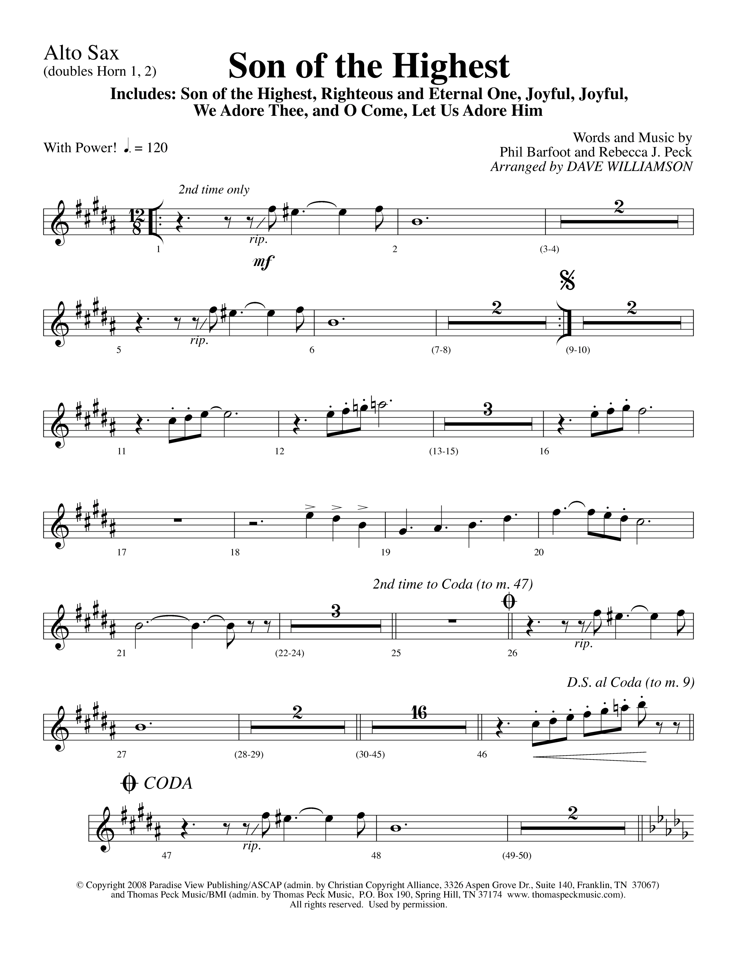 Son Of The Highest (with Righteous And Eternal One, Joyful Joyful We Adore Thee, O Come Let Us Adore (Choral Anthem SATB) Alto Sax (Lifeway Choral / Arr. Dave Williamson)