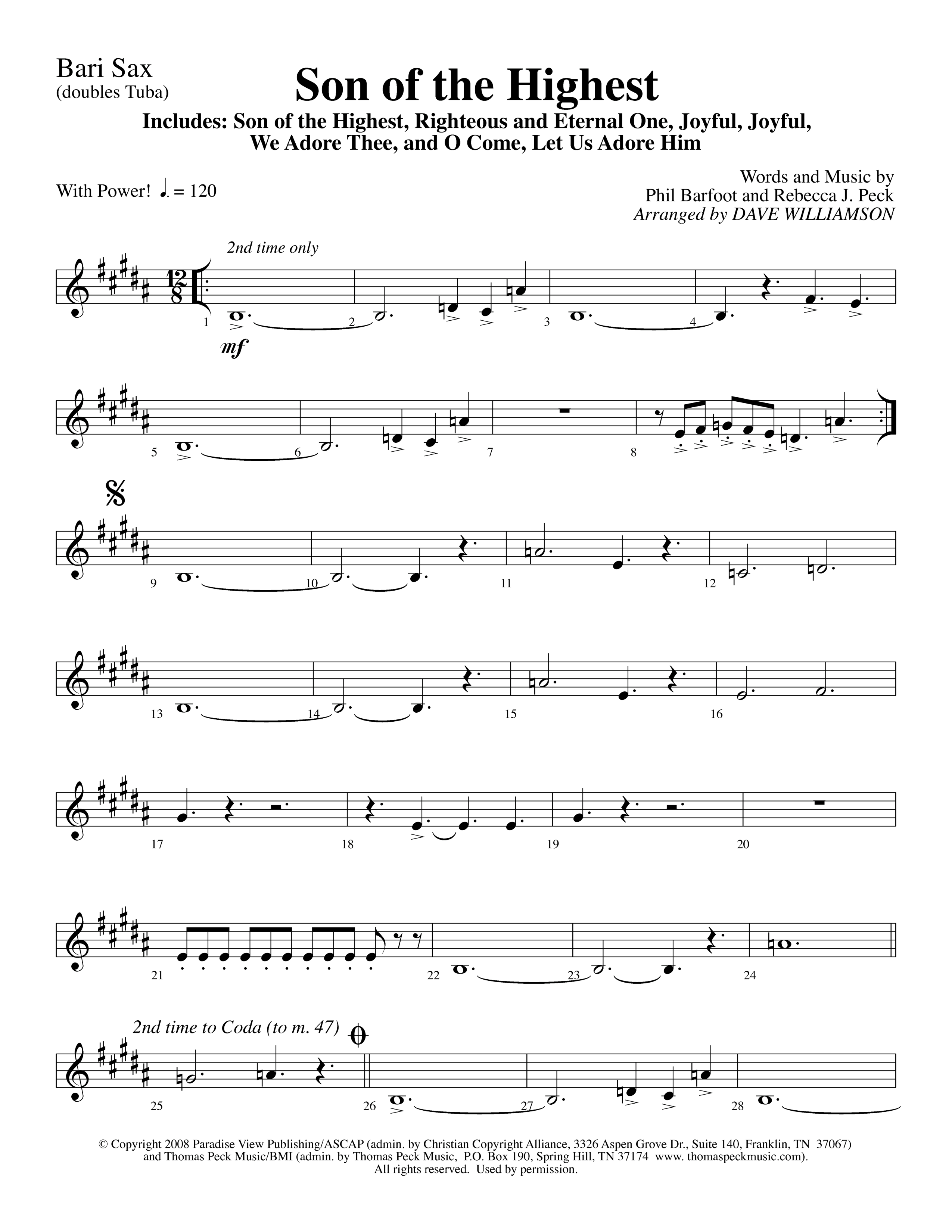 Son Of The Highest (with Righteous And Eternal One, Joyful Joyful We Adore Thee, O Come Let Us Adore (Choral Anthem SATB) Bari Sax (Lifeway Choral / Arr. Dave Williamson)