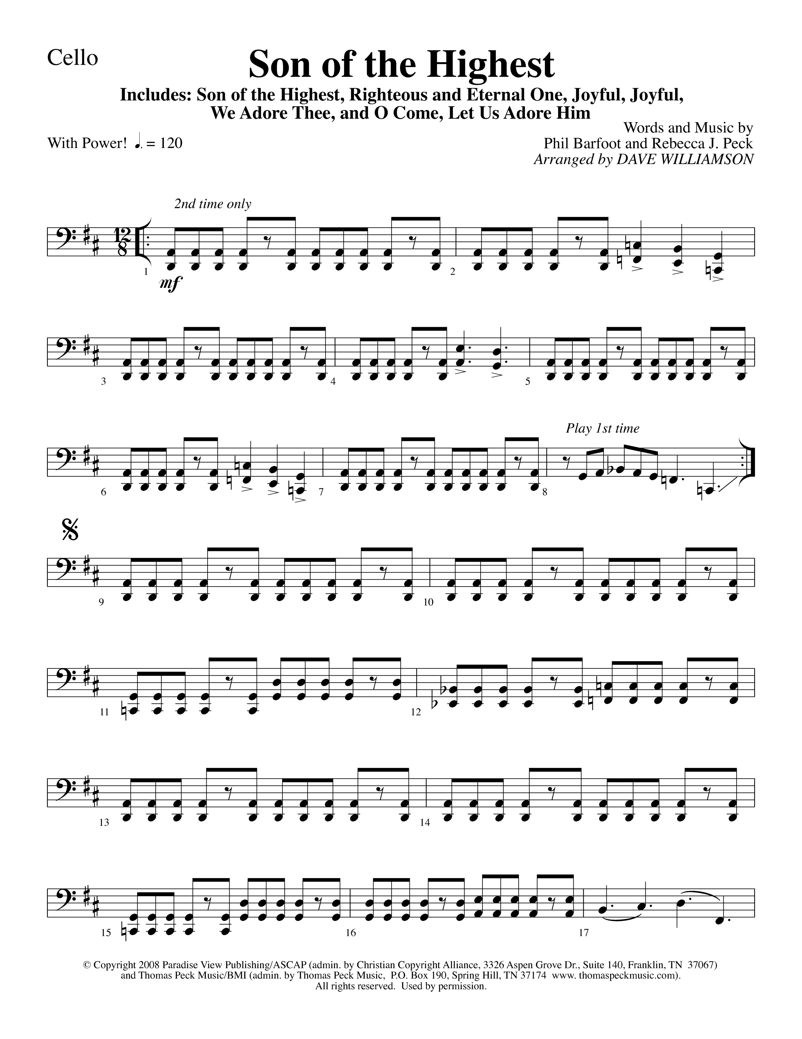 Son Of The Highest (with Righteous And Eternal One, Joyful Joyful We Adore Thee, O Come Let Us Adore (Choral Anthem SATB) Cello (Lifeway Choral / Arr. Dave Williamson)