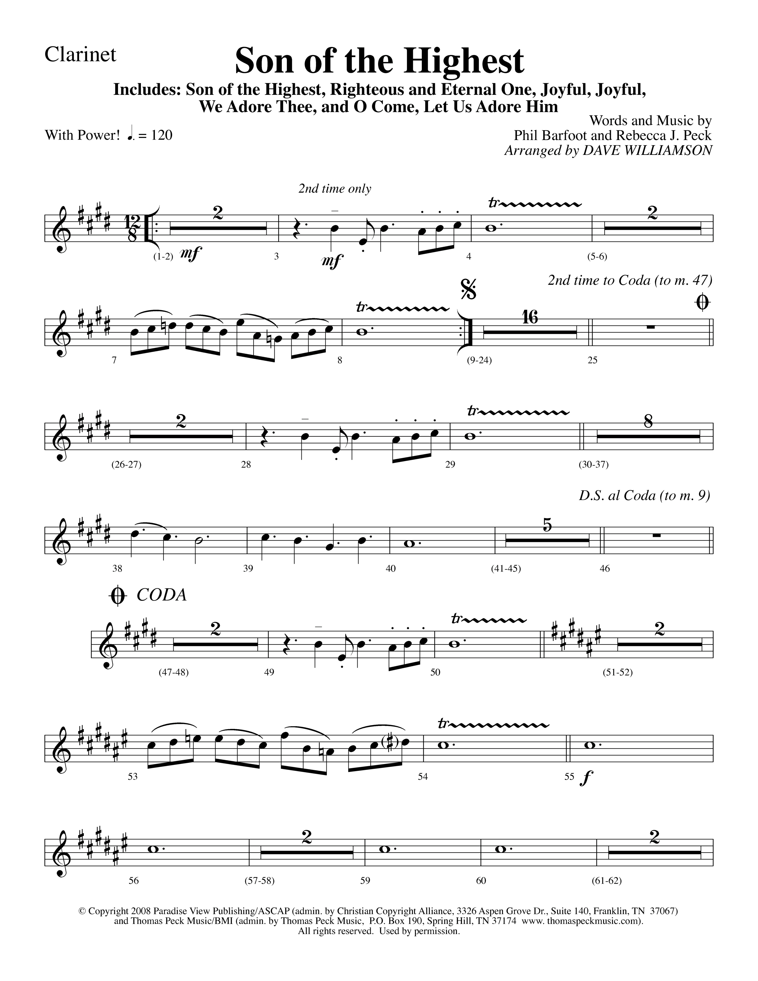 Son Of The Highest (with Righteous And Eternal One, Joyful Joyful We Adore Thee, O Come Let Us Adore (Choral Anthem SATB) Clarinet 1/2 (Lifeway Choral / Arr. Dave Williamson)