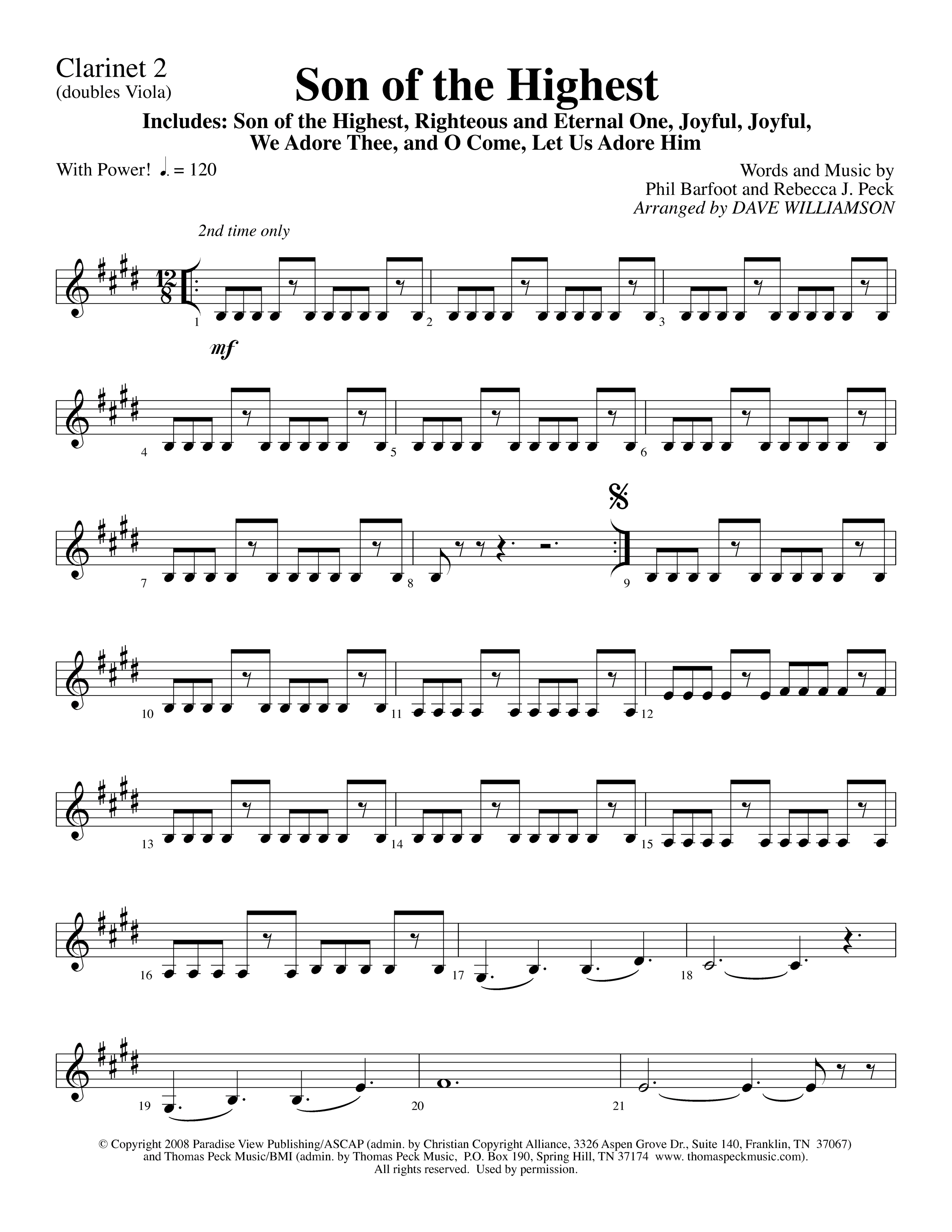 Son Of The Highest (with Righteous And Eternal One, Joyful Joyful We Adore Thee, O Come Let Us Adore (Choral Anthem SATB) Clarinet 1/2 (Lifeway Choral / Arr. Dave Williamson)