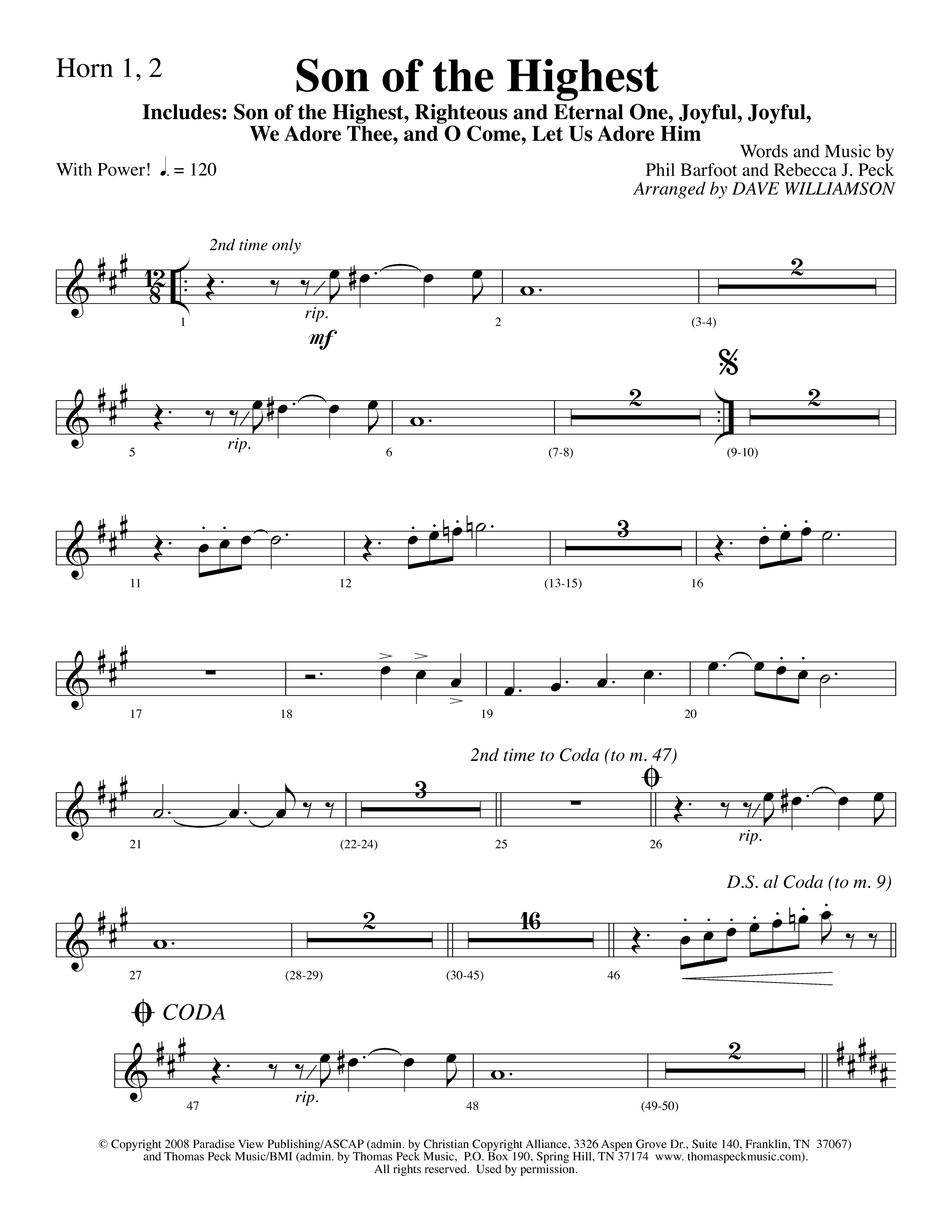 Son Of The Highest (with Righteous And Eternal One, Joyful Joyful We Adore Thee, O Come Let Us Adore (Choral Anthem SATB) French Horn 1/2 (Lifeway Choral / Arr. Dave Williamson)