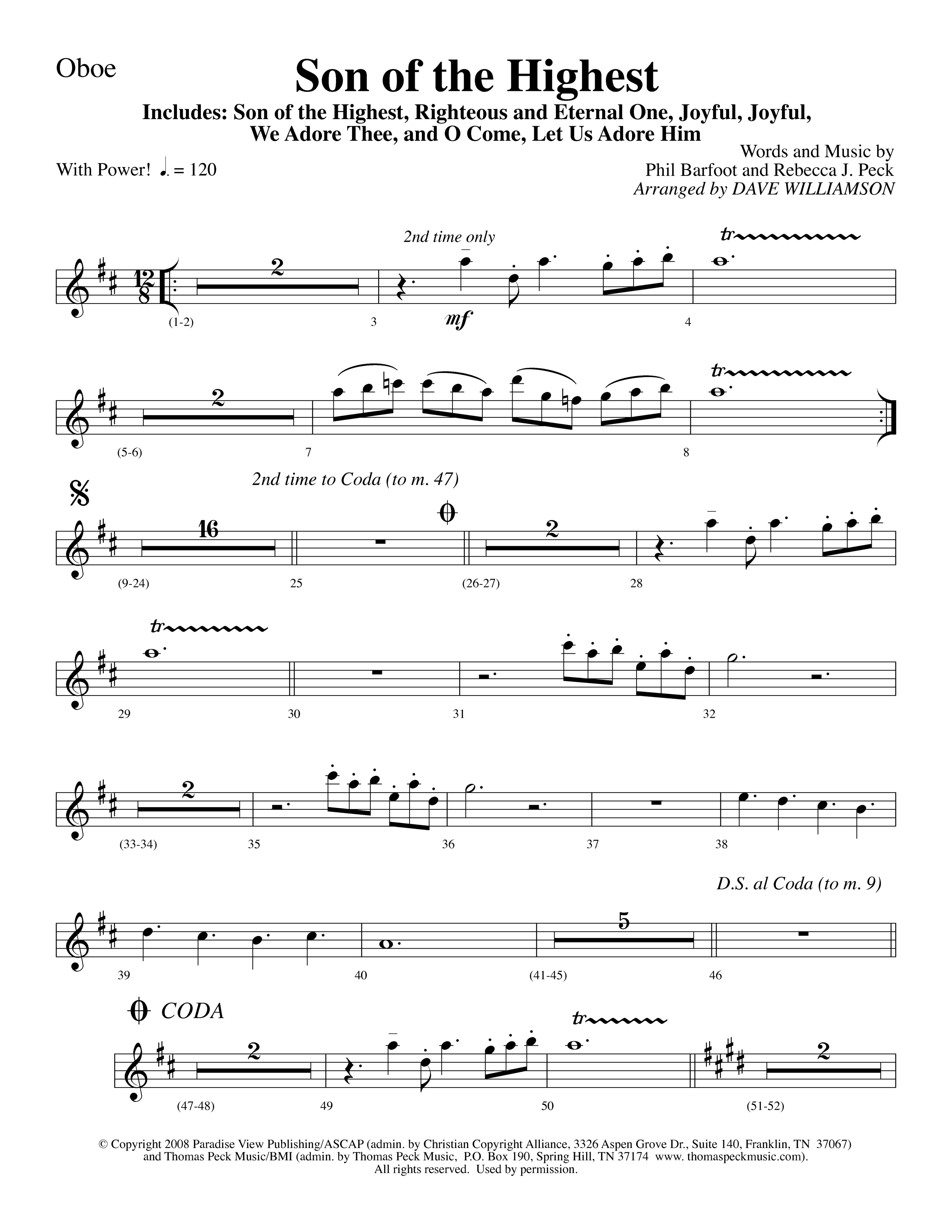Son Of The Highest (with Righteous And Eternal One, Joyful Joyful We Adore Thee, O Come Let Us Adore (Choral Anthem SATB) Oboe (Lifeway Choral / Arr. Dave Williamson)