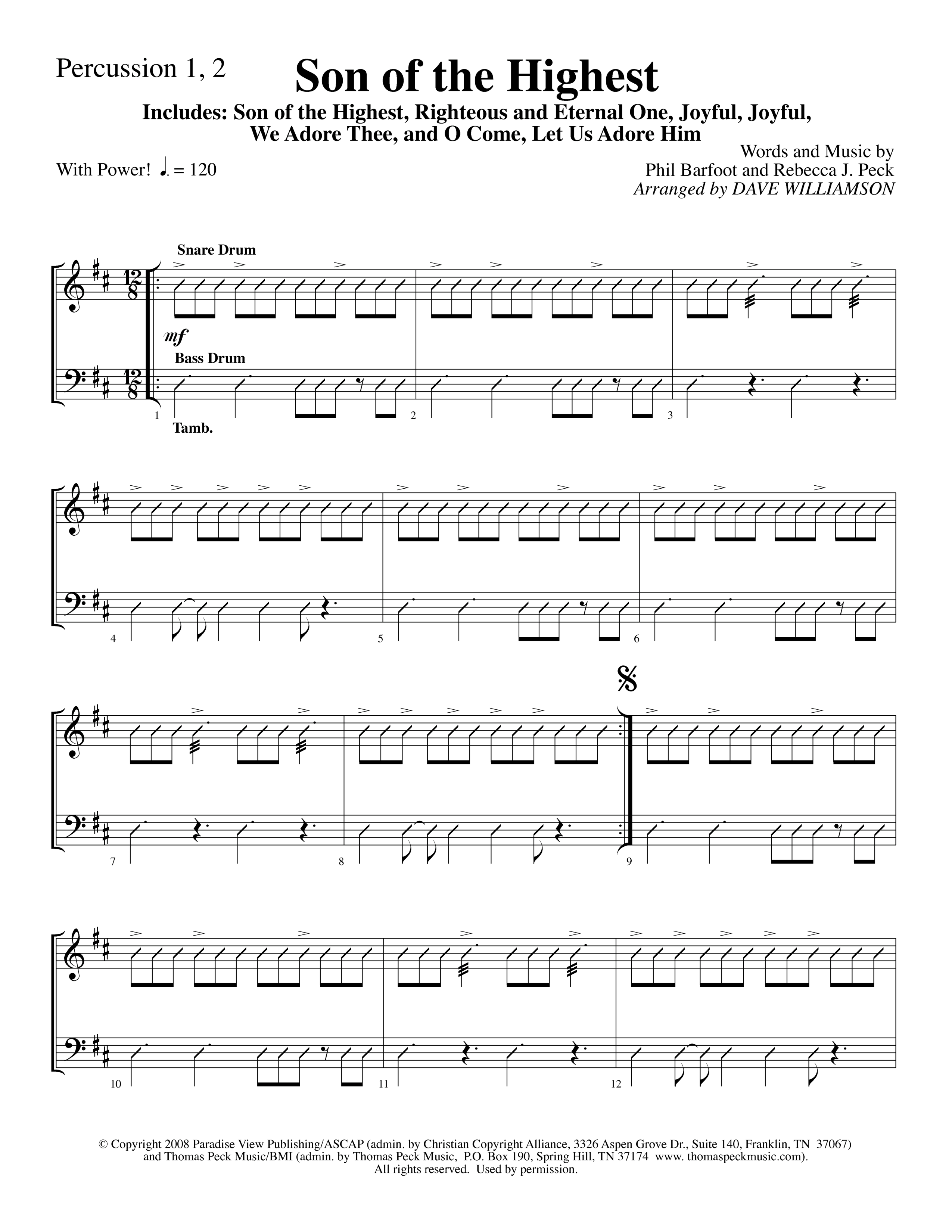 Son Of The Highest (with Righteous And Eternal One, Joyful Joyful We Adore Thee, O Come Let Us Adore (Choral Anthem SATB) Percussion 1/2 (Lifeway Choral / Arr. Dave Williamson)